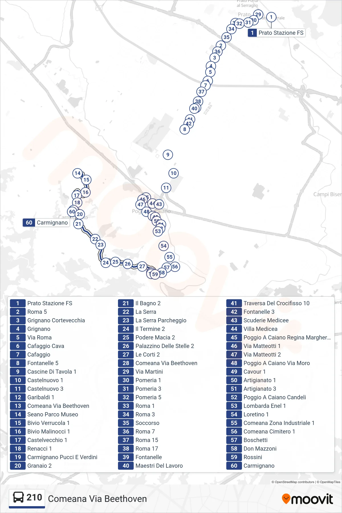 Linea 210 tram (Comeana Via Beethoven) - Percorsi e fermate sulla mappa