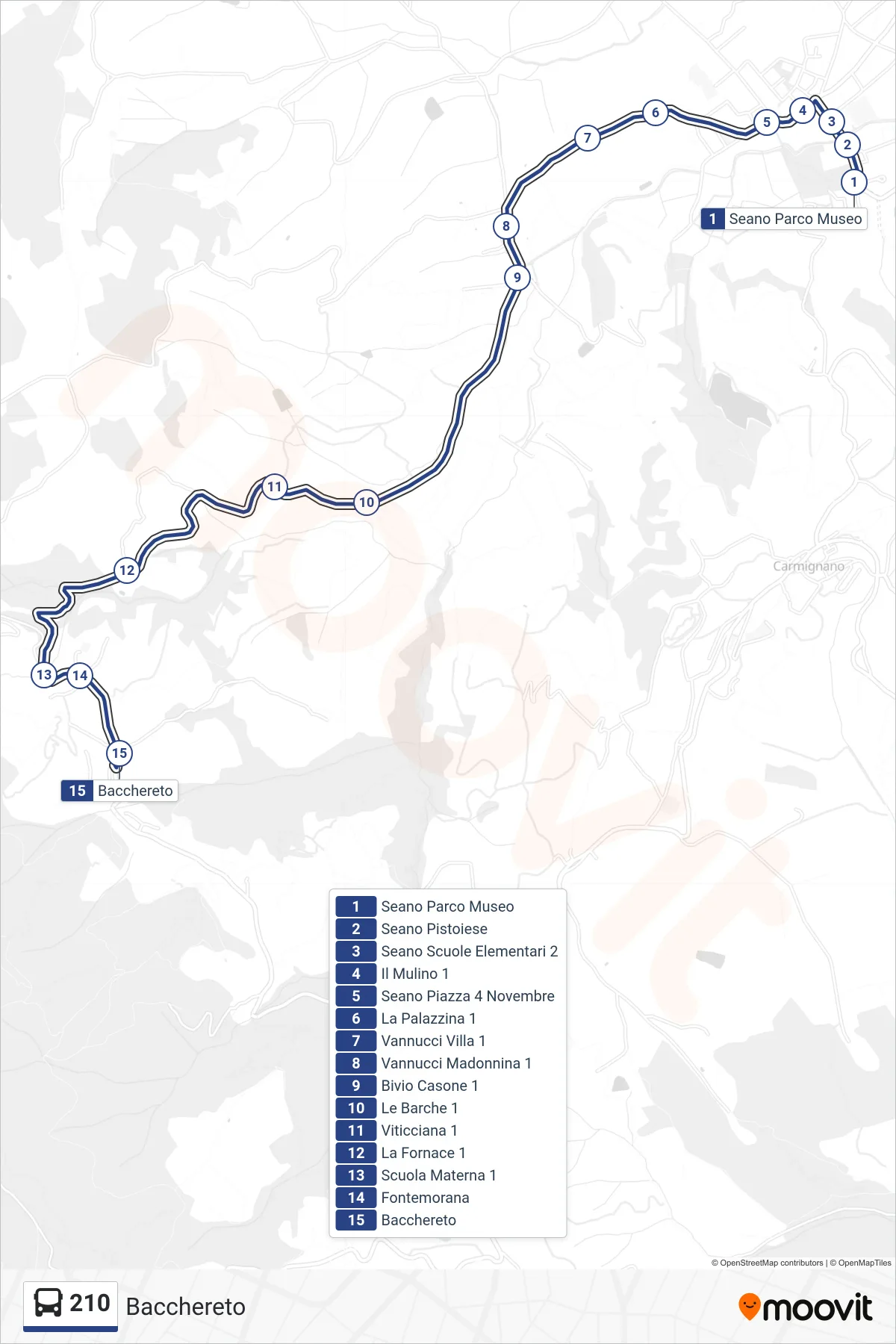 Linea 210  tram (Bacchereto) - Percorsi e fermate sulla mappa