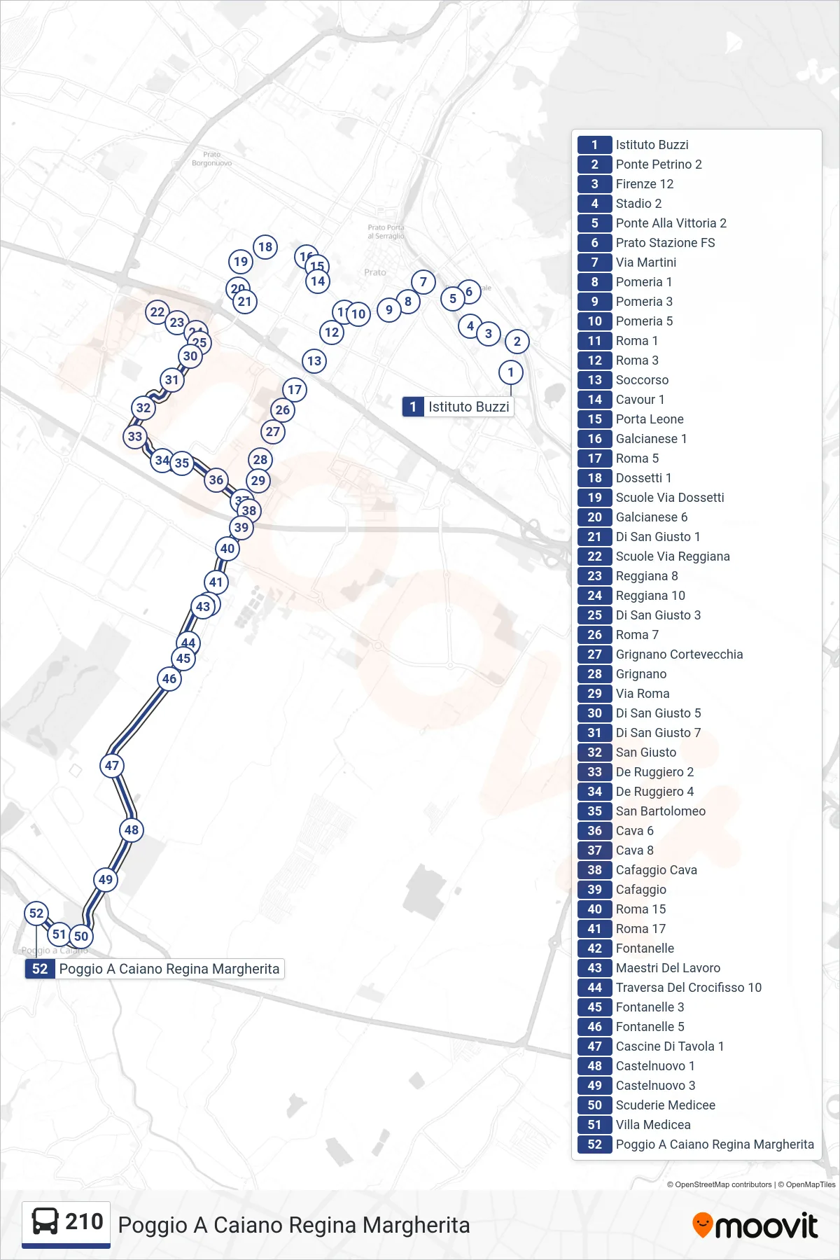 Linea 210  tram (Poggio A Caiano Regina Margherita) - Percorsi e fermate sulla mappa