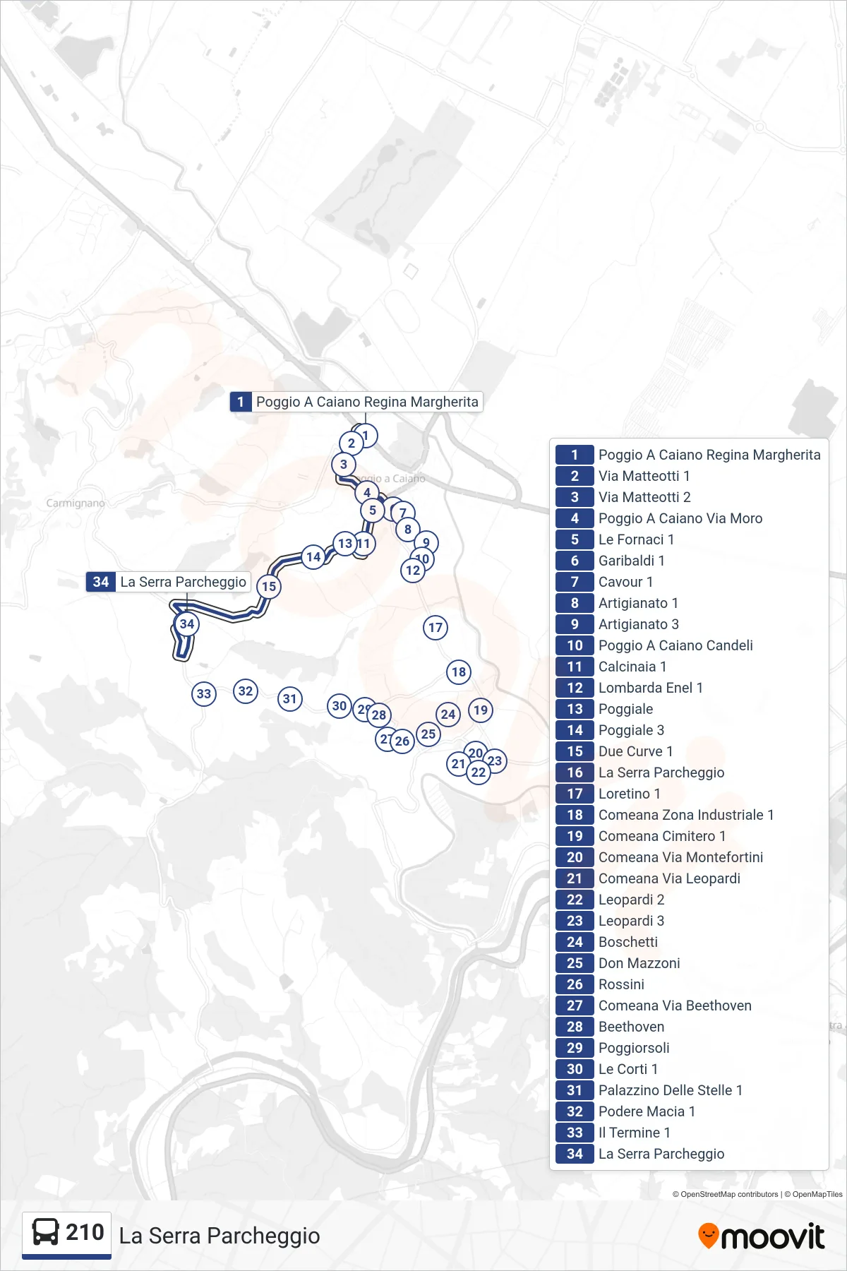 Linea 210 tram (La Serra Parcheggio) - Percorsi e fermate sulla mappa