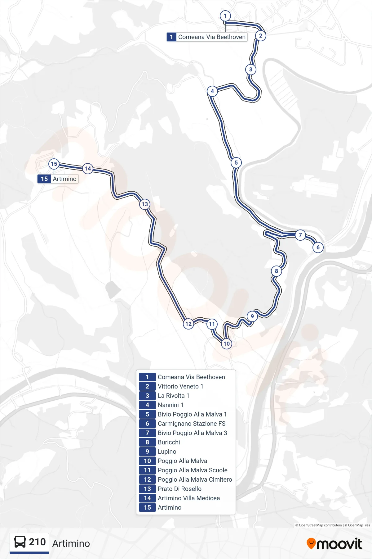Linea 210 tram (Artimino) - Percorsi e fermate sulla mappa