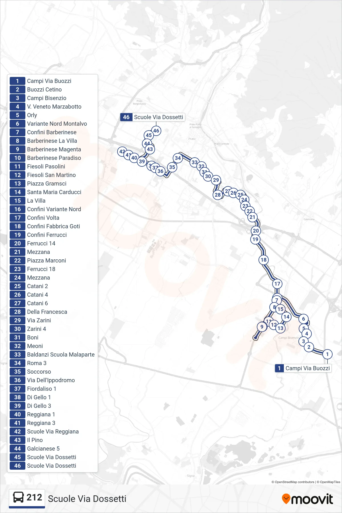 Linea 212 tram (Scuole Via Dossetti) - Percorsi e fermate sulla mappa