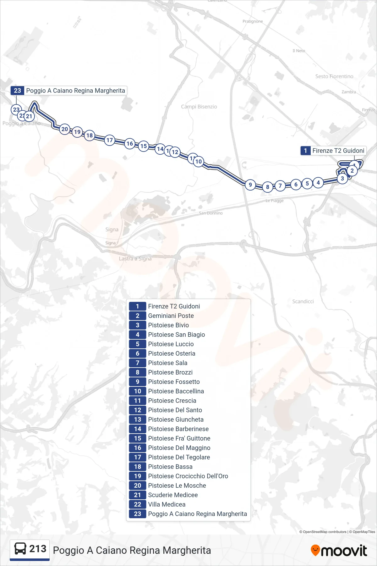 Linea 213 tram (Poggio A Caiano Regina Margherita) - Percorsi e fermate sulla mappa