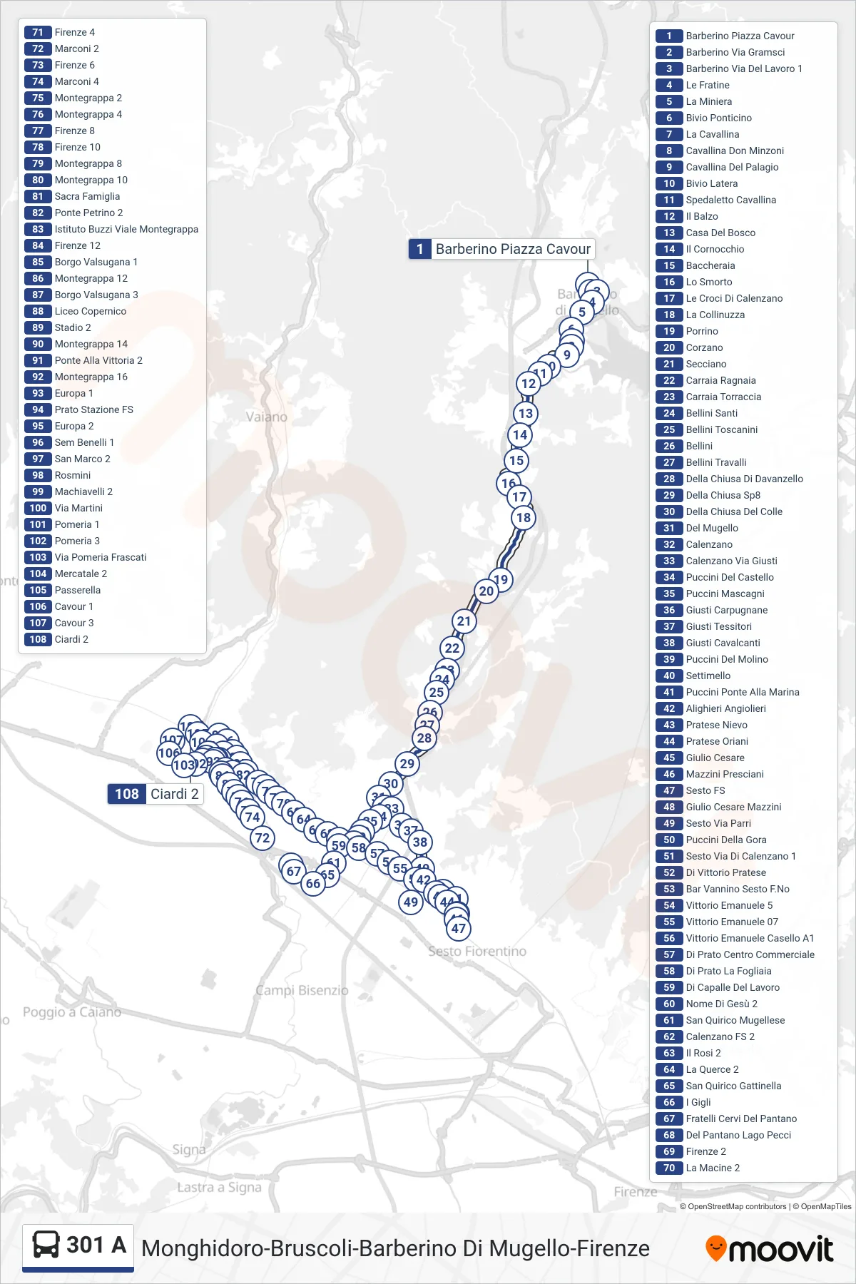 Linea 301 A  tram (Prato Piazza Ciardi) - Percorsi e fermate sulla mappa