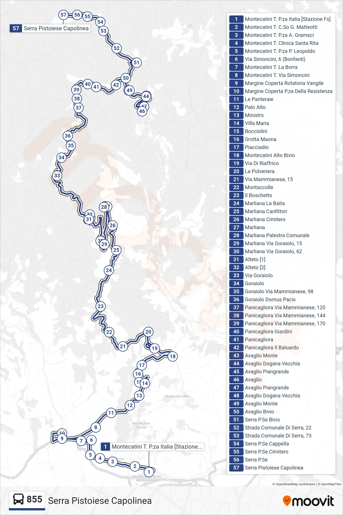 Linea 855 bus (Serra Pistoiese Capolinea) - Percorsi e fermate sulla mappa
