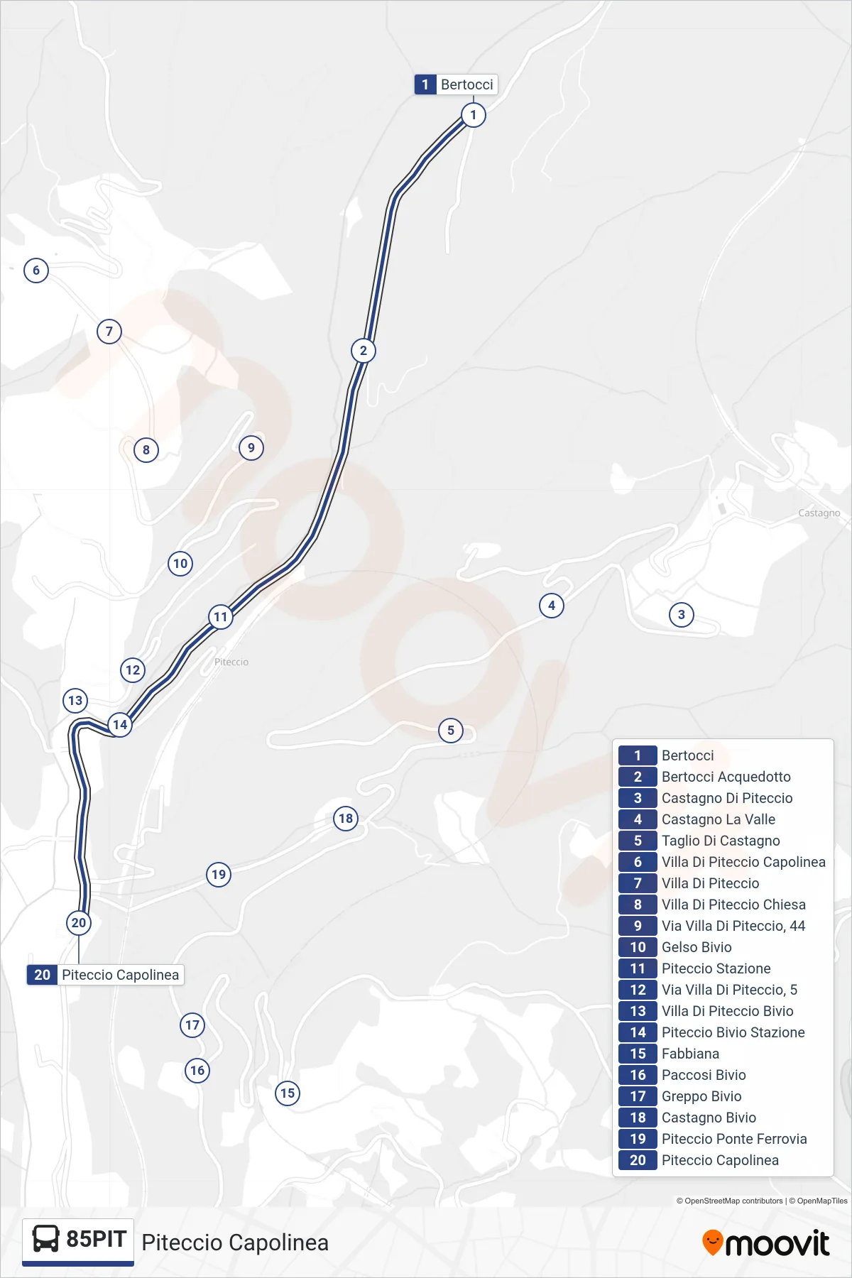 Linea 85PIT  bus (Piteccio Capolinea) - Percorsi e fermate sulla mappa