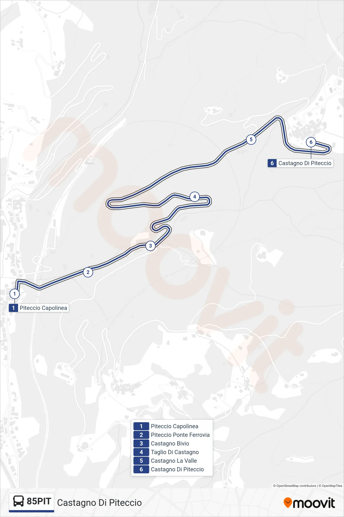 Linea 85PIT bus (Castagno Di Piteccio) - Percorsi e fermate sulla mappa