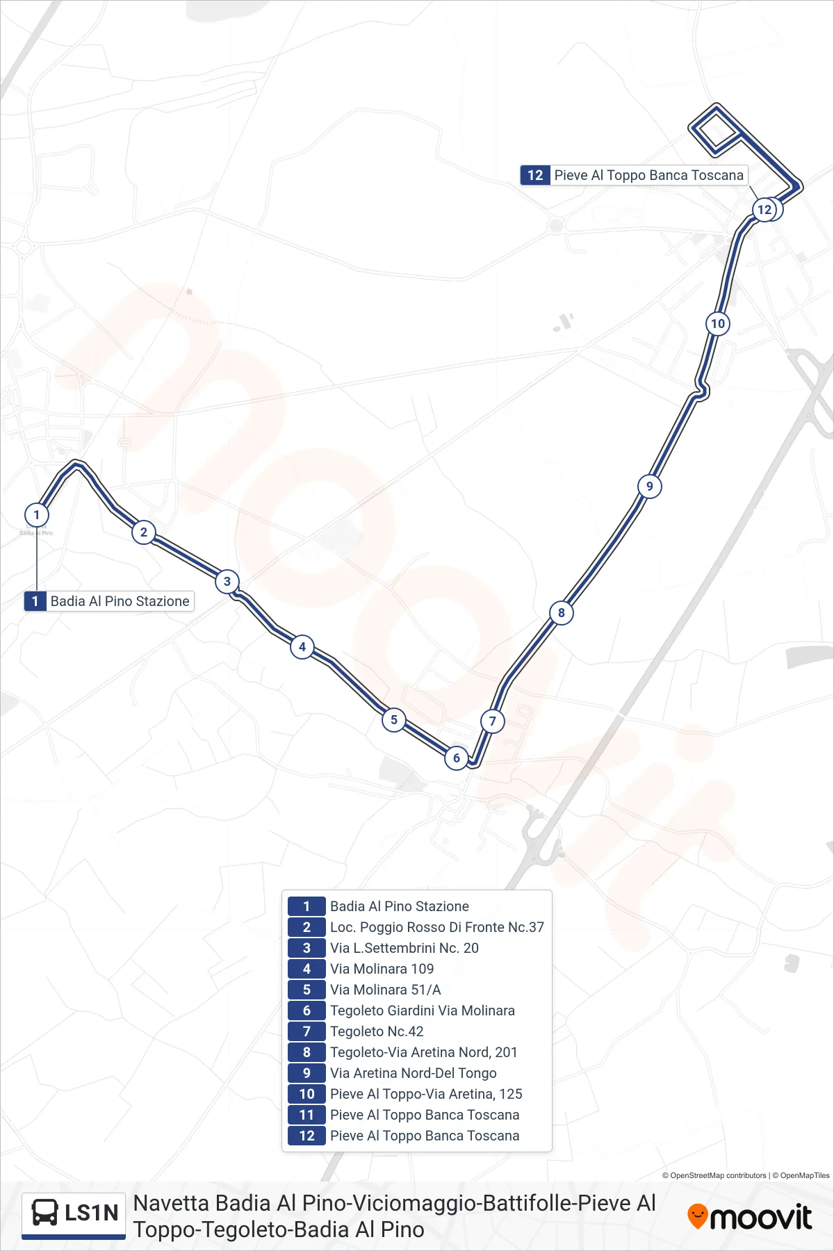 Linea LS1N bus (Pieve Al Toppo Banca Toscana) - Percorsi e fermate sulla mappa
