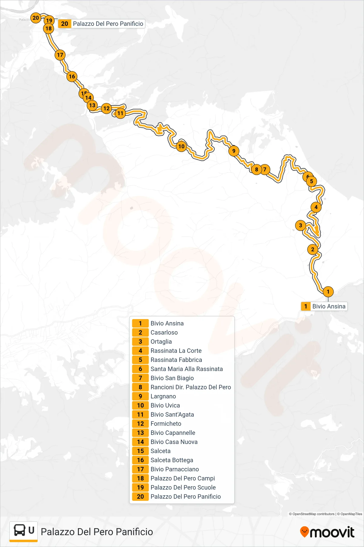 Linea U bus (Palazzo Del Pero Panificio) - Percorsi e fermate sulla mappa
