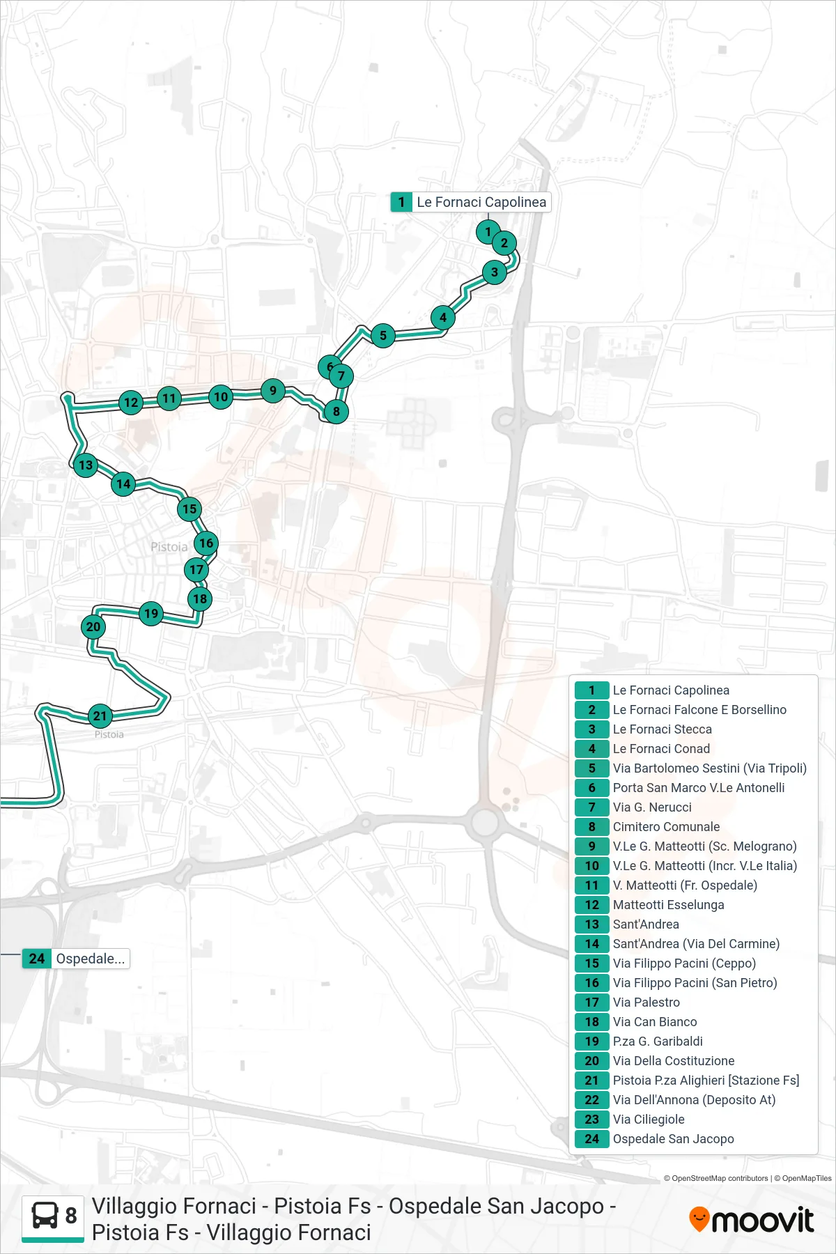 Linea 8 bus (Ospedale San Jacopo) - Percorsi e fermate sulla mappa