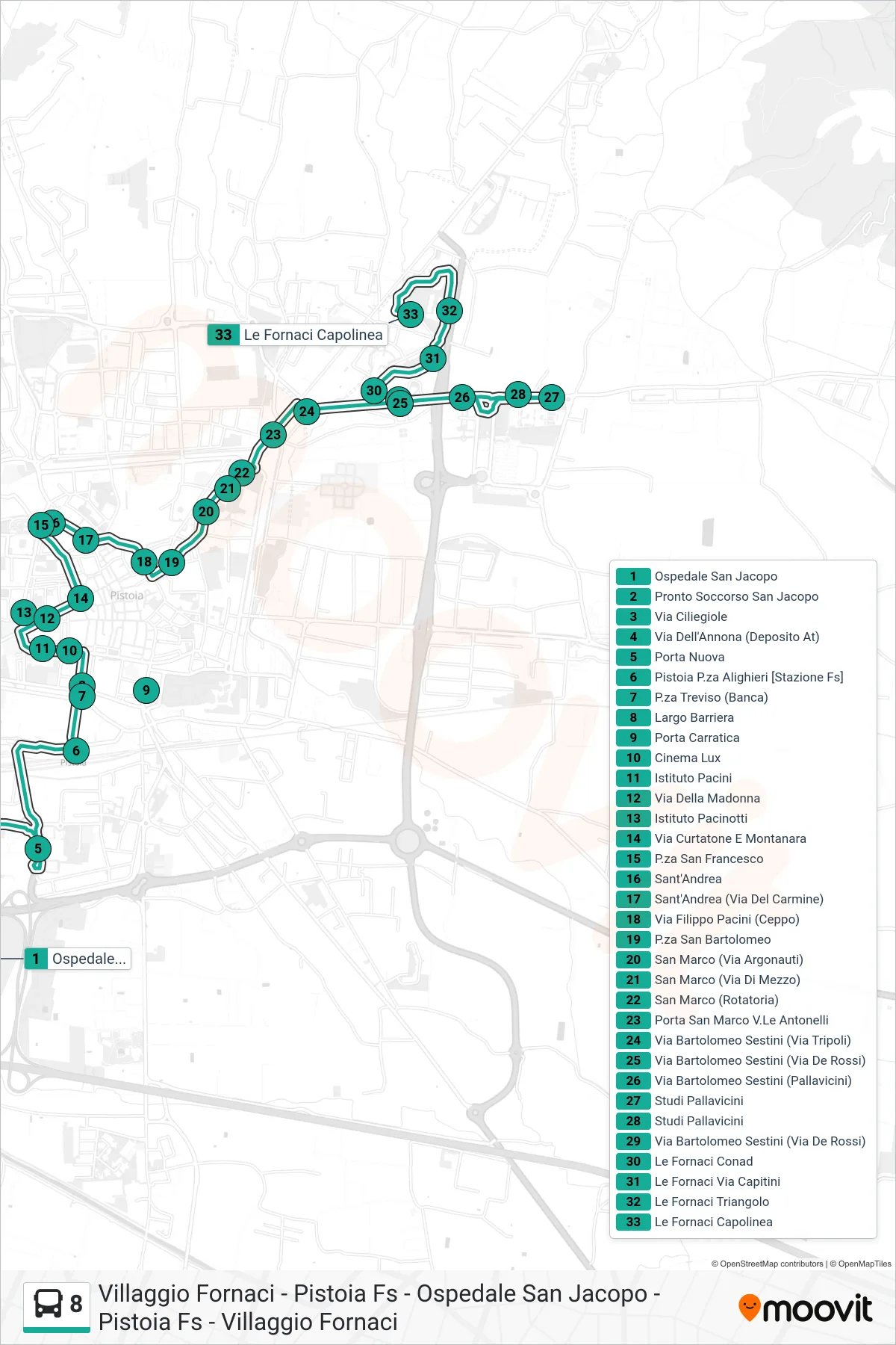 Linea 8  bus (Le Fornaci Capolinea) - Percorsi e fermate sulla mappa