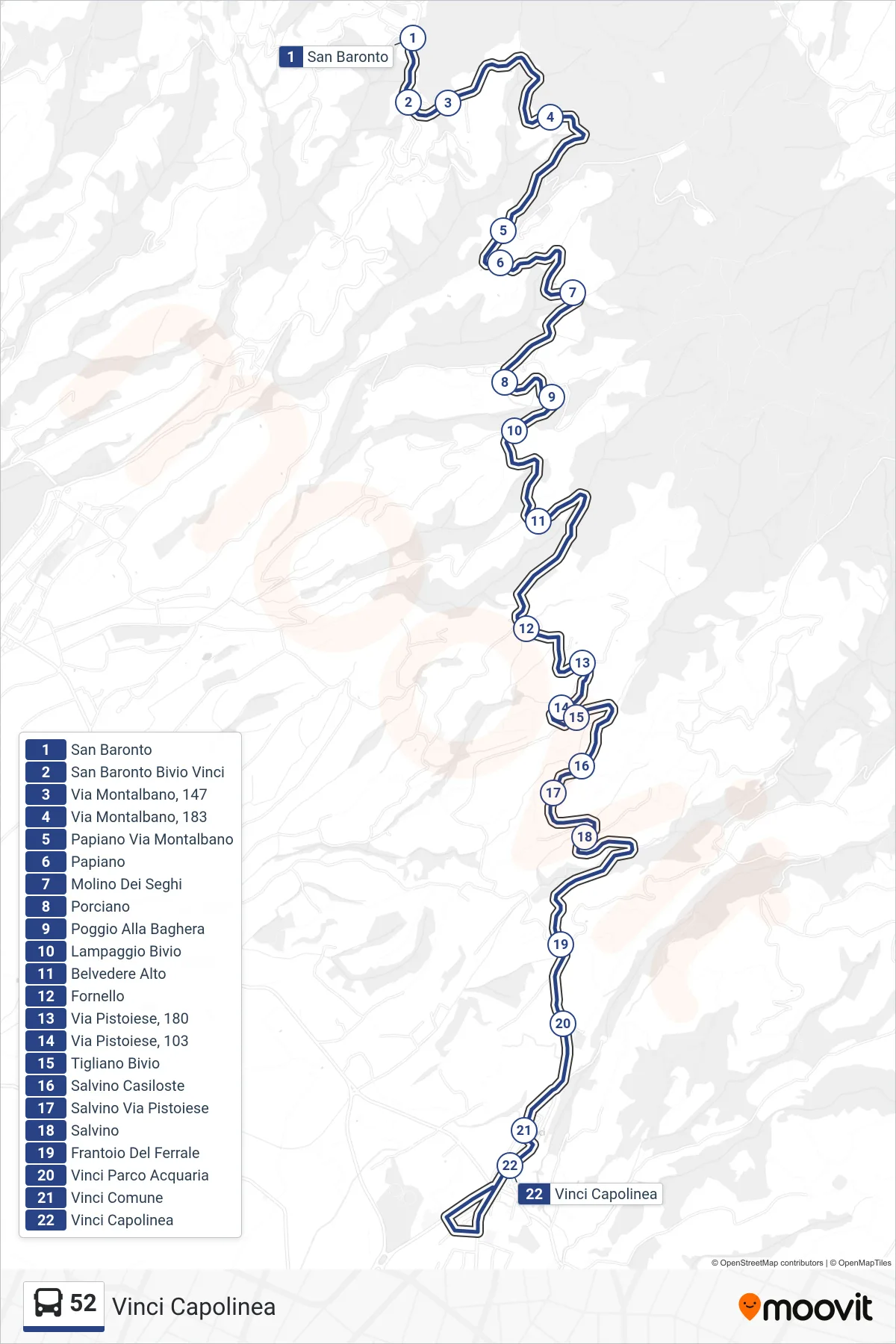 Linea 52  bus (Vinci Capolinea) - Percorsi e fermate sulla mappa