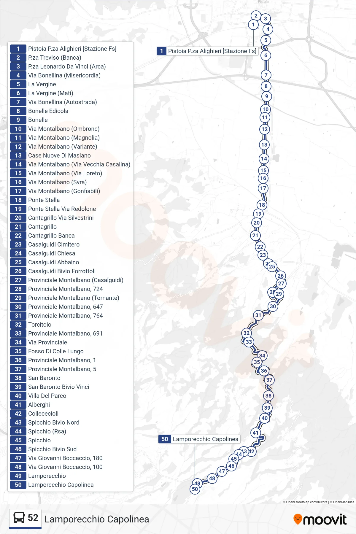 Linea 52 bus (Lamporecchio Capolinea) - Percorsi e fermate sulla mappa