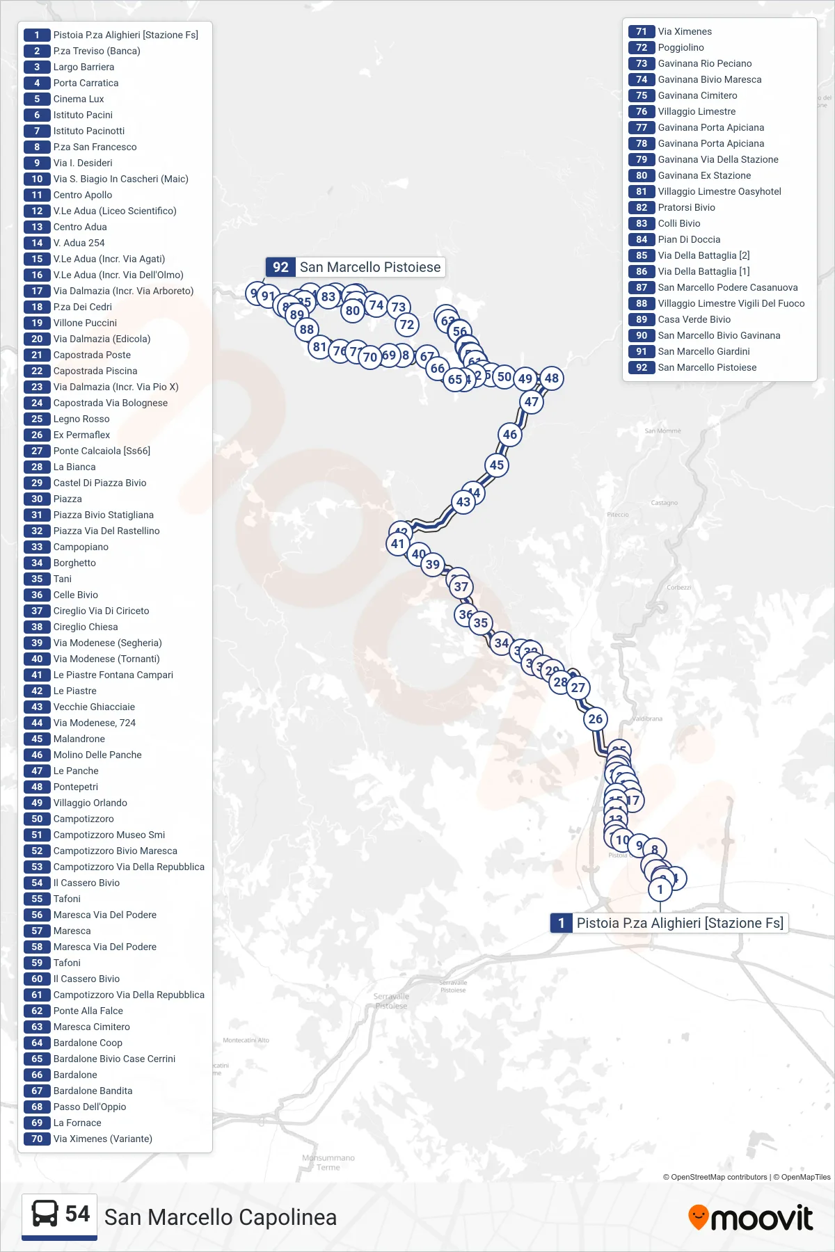 Linea 54 bus (San Marcello Capolinea) - Percorsi e fermate sulla mappa