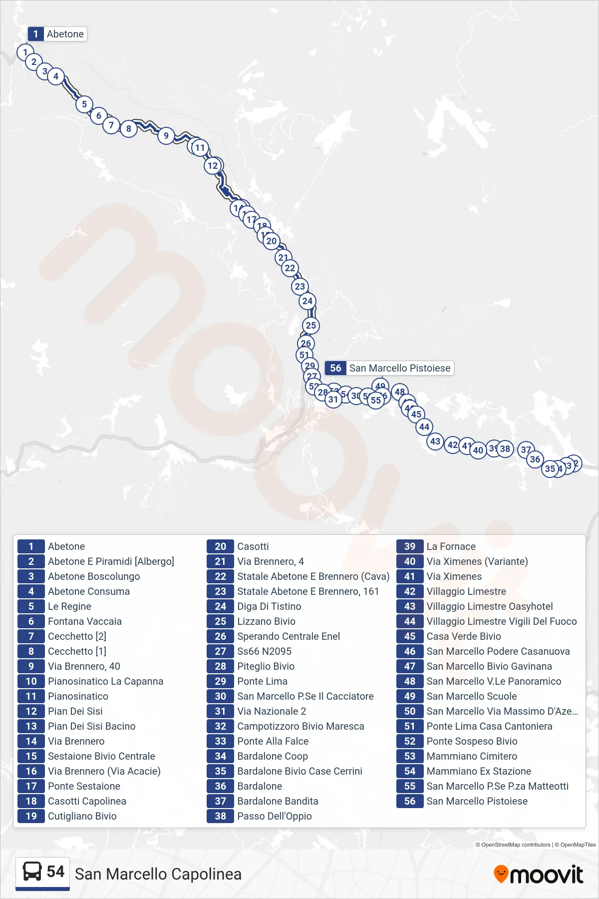 Linea 54 bus (San Marcello Capolinea) - Percorsi e fermate sulla mappa