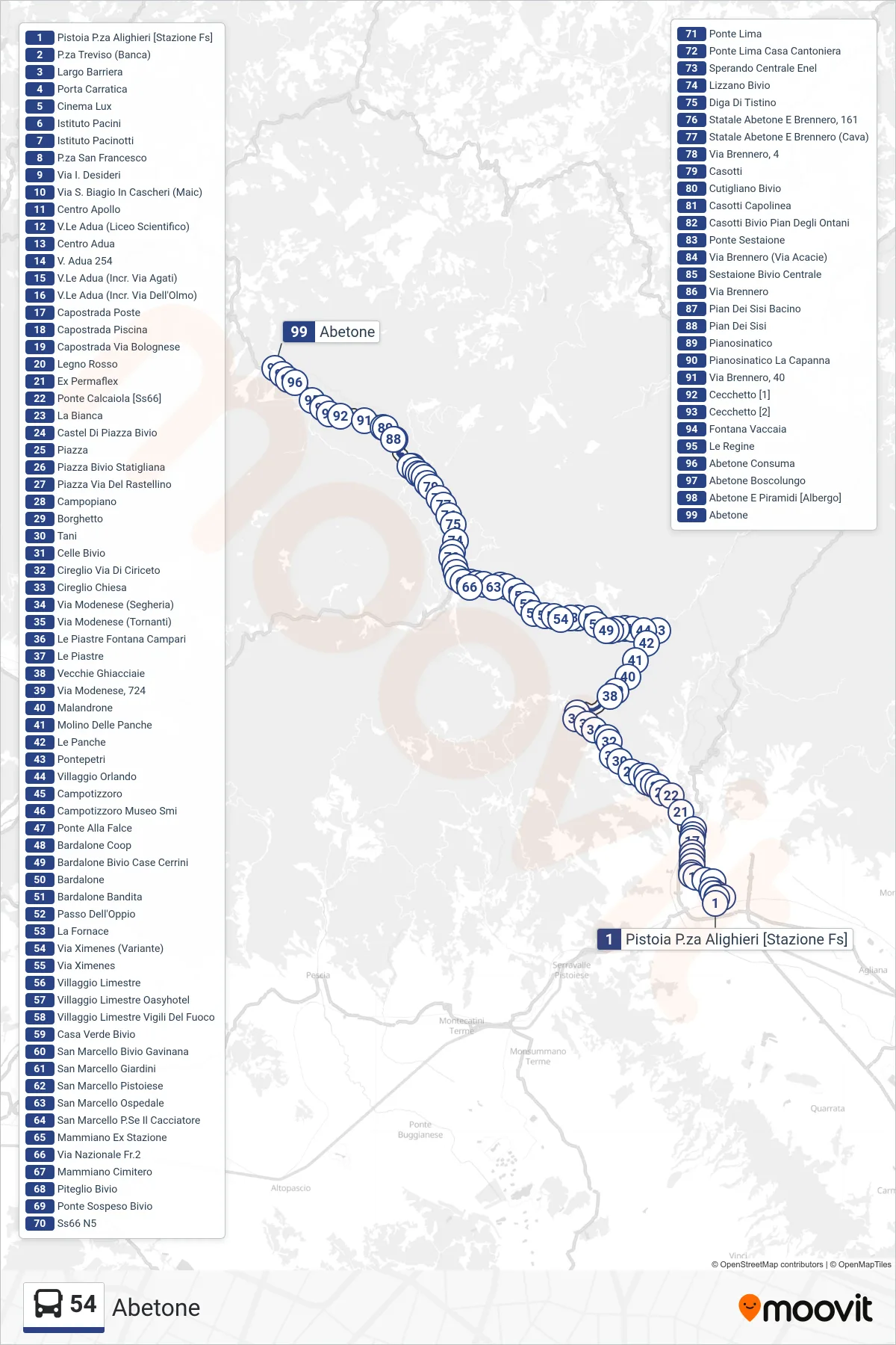Linea 54  bus (Abetone) - Percorsi e fermate sulla mappa