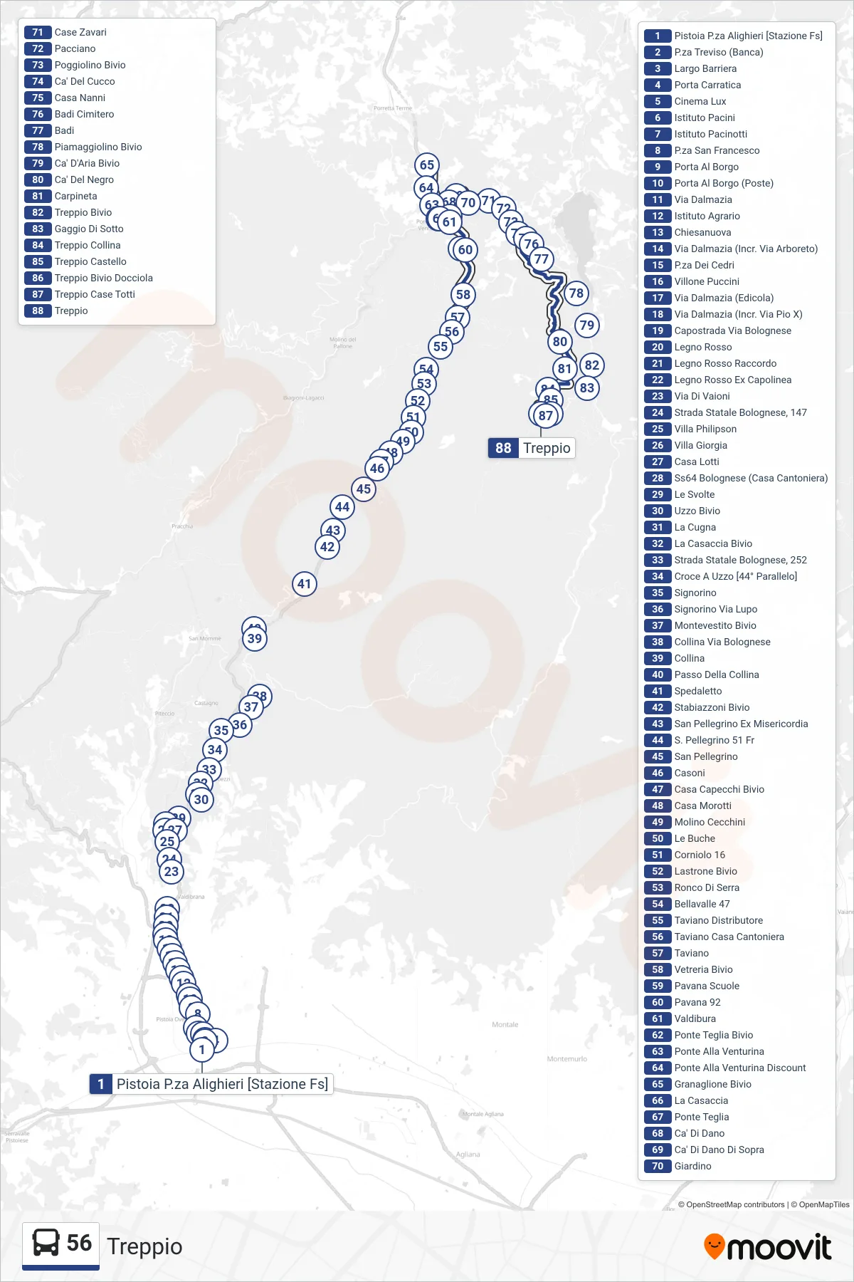 Linea 56 bus (Treppio) - Percorsi e fermate sulla mappa