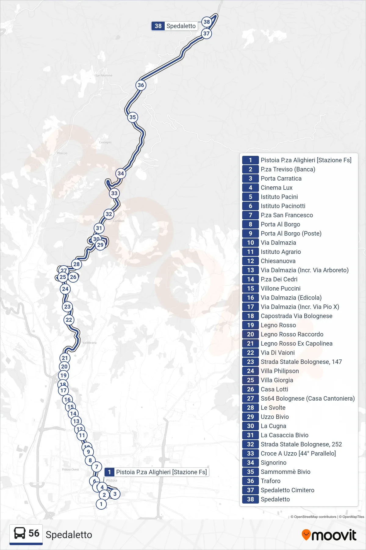Linea 56 bus (Spedaletto) - Percorsi e fermate sulla mappa