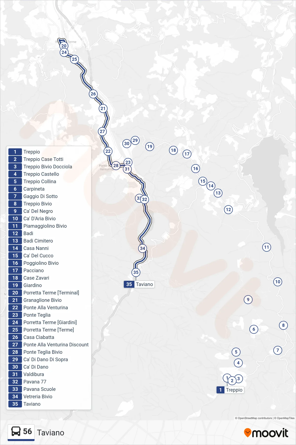 Linea 56 bus (Taviano) - Percorsi e fermate sulla mappa