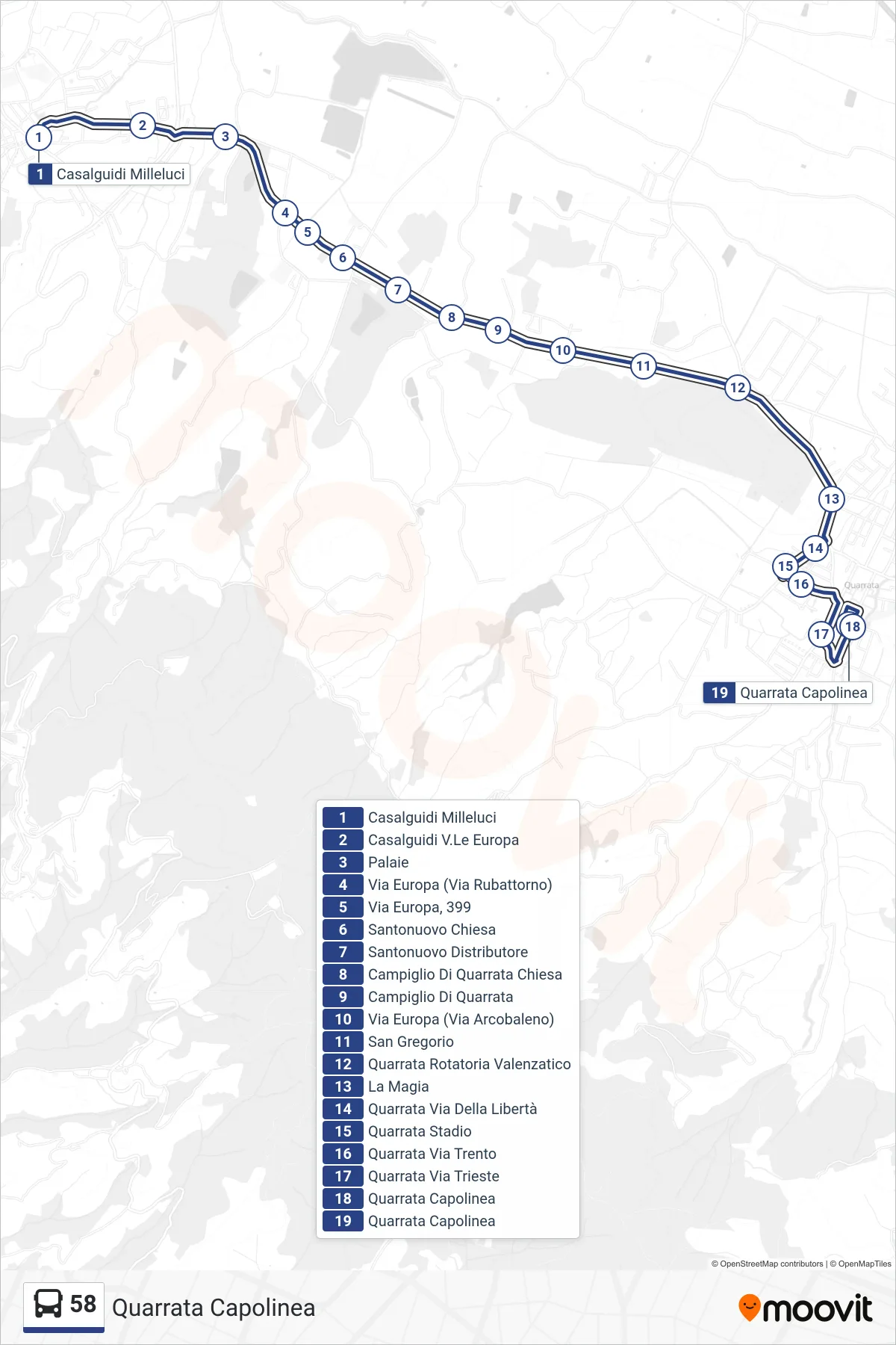 Linea 58 bus (Quarrata Capolinea) - Percorsi e fermate sulla mappa