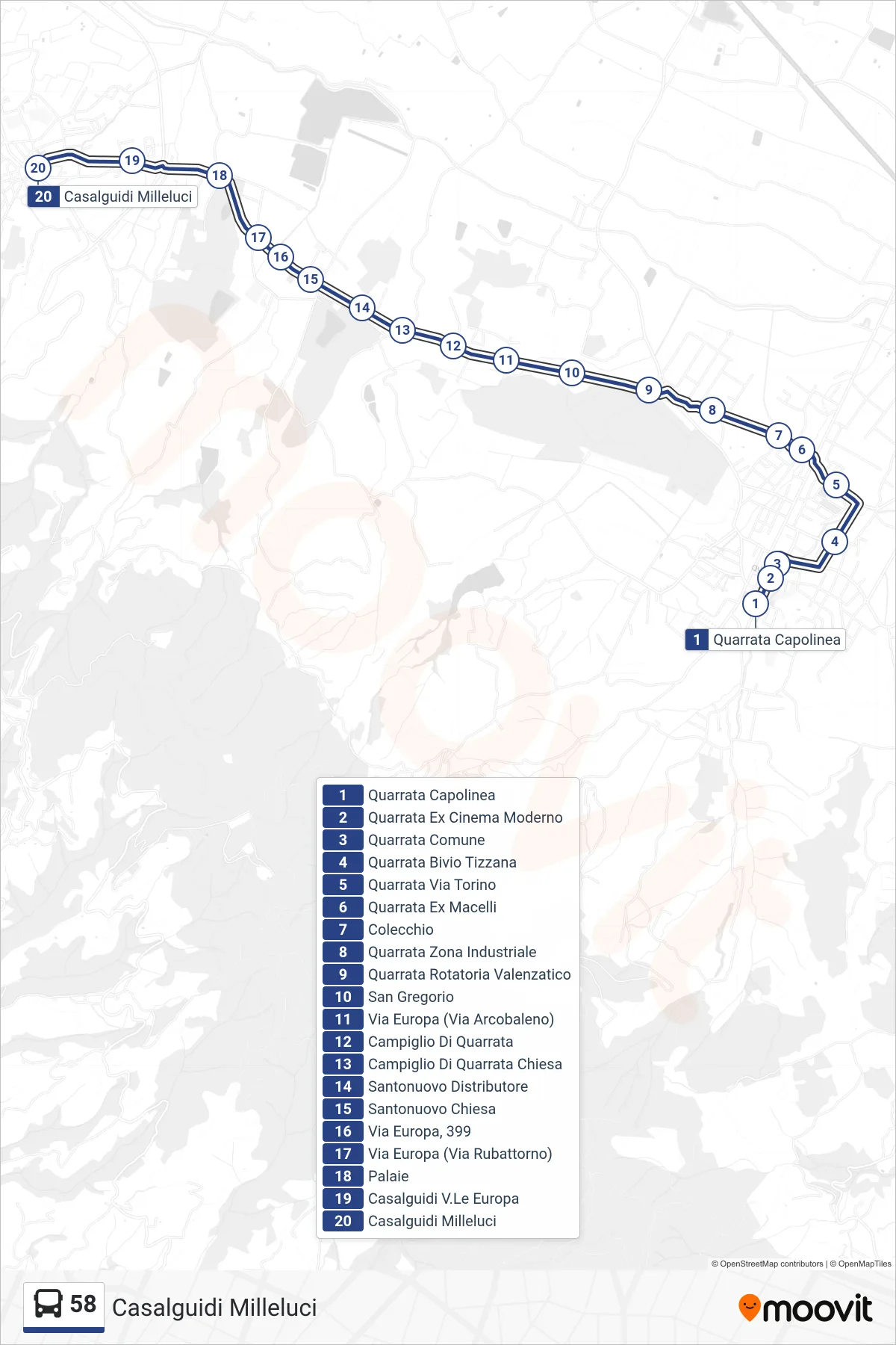 Linea 58 bus (Casalguidi Milleluci) - Percorsi e fermate sulla mappa