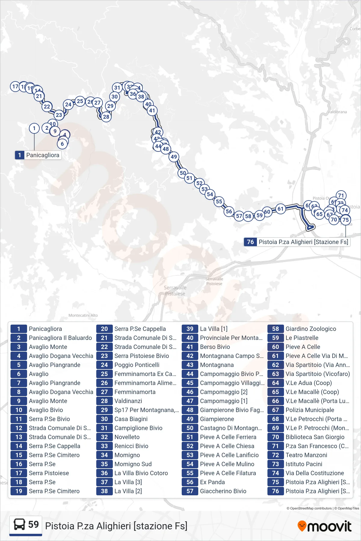Linea 59  bus (Pistoia P.za Alighieri [stazione Fs]) - Percorsi e fermate sulla mappa