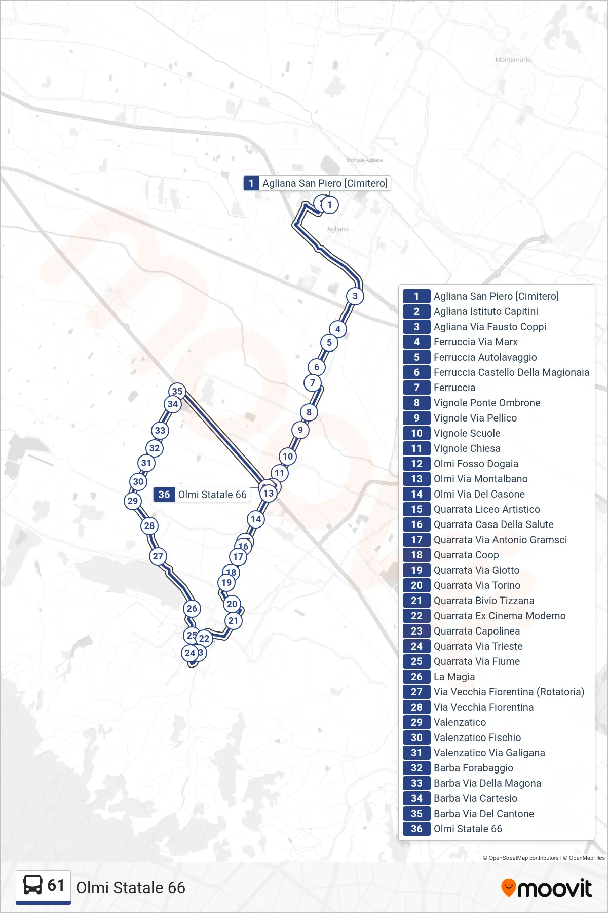 Linea 61  bus (Olmi Statale 66) - Percorsi e fermate sulla mappa