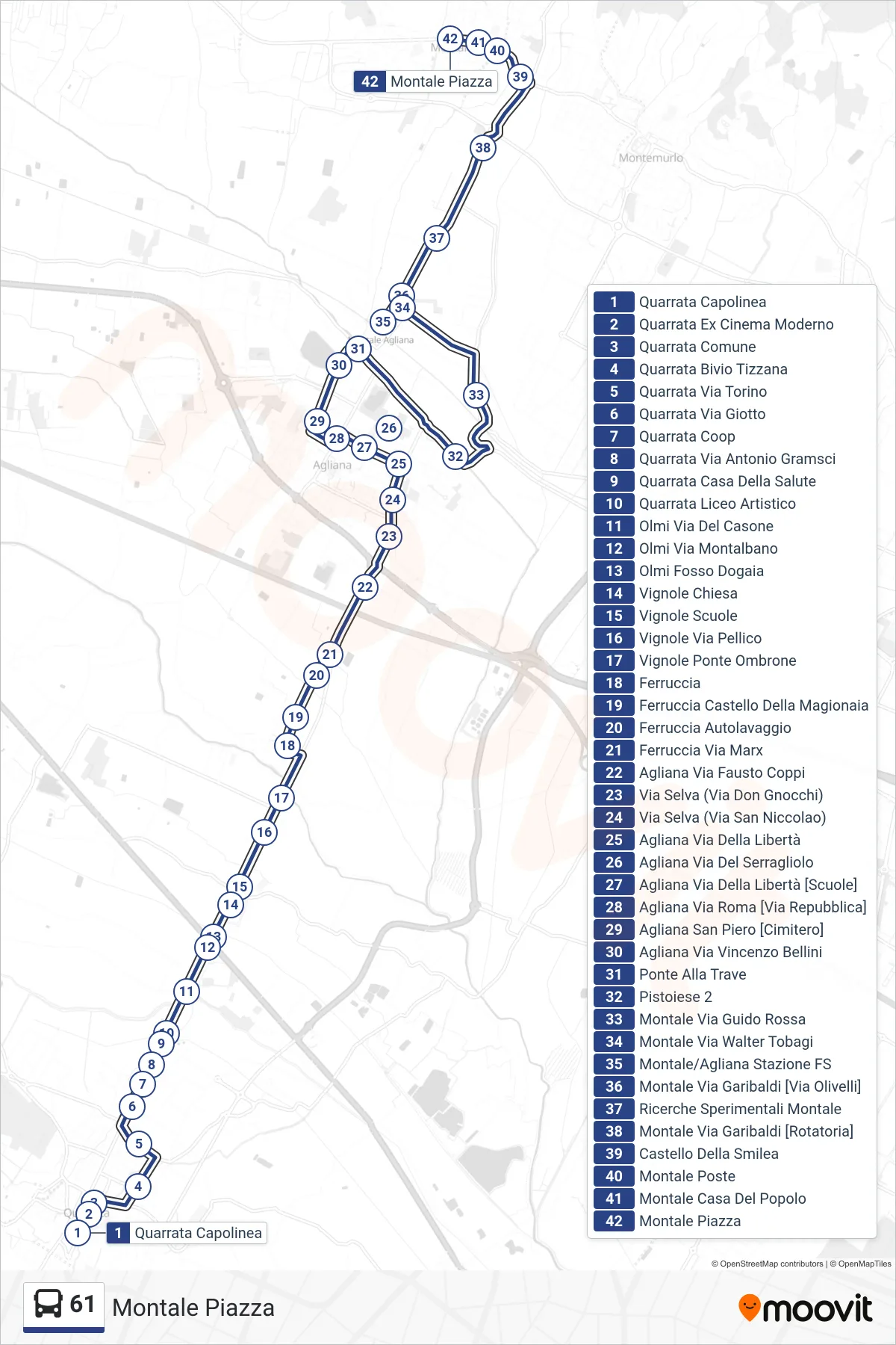 Linea 61 bus (Montale Piazza) - Percorsi e fermate sulla mappa