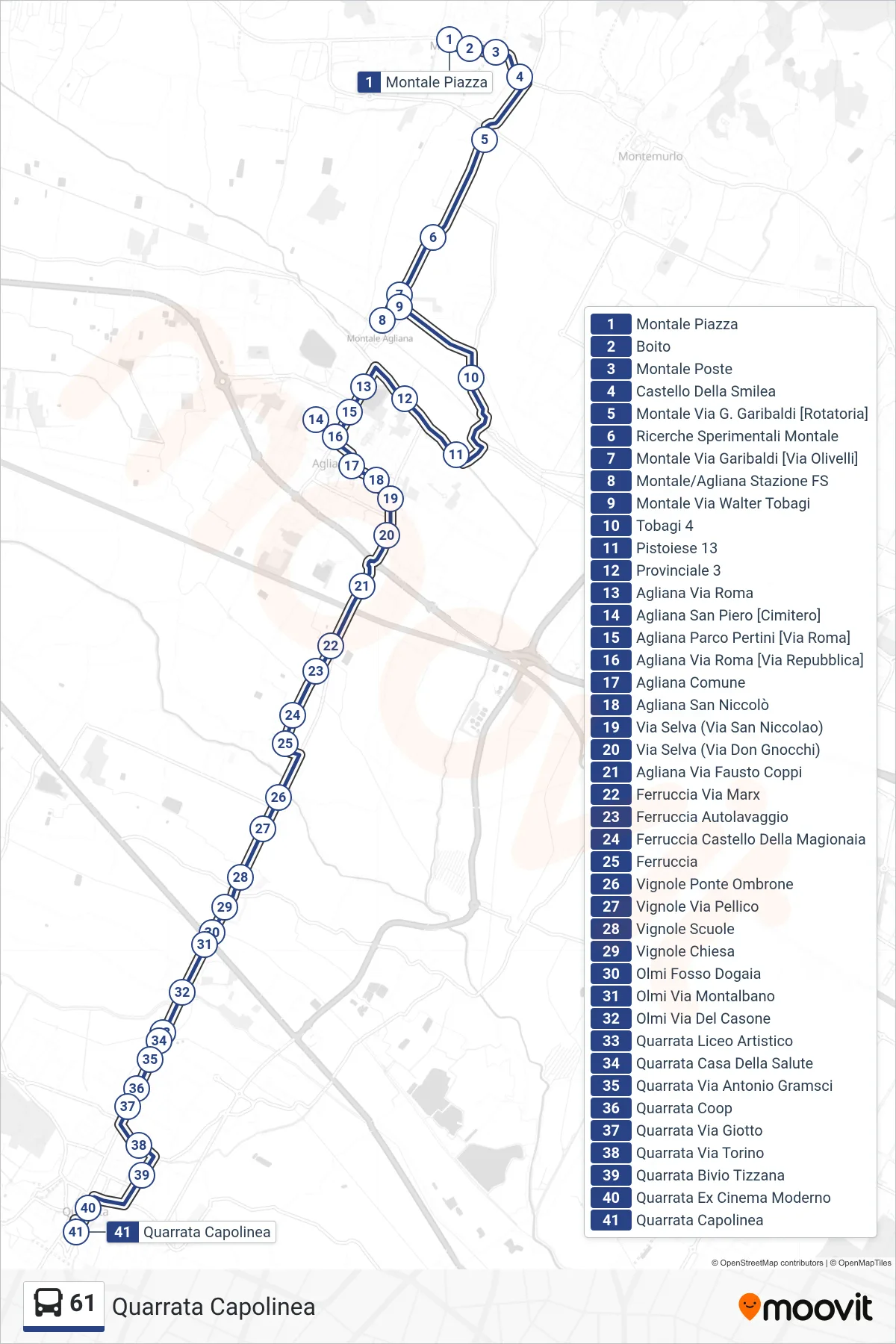 Linea 61 bus (Quarrata Capolinea) - Percorsi e fermate sulla mappa