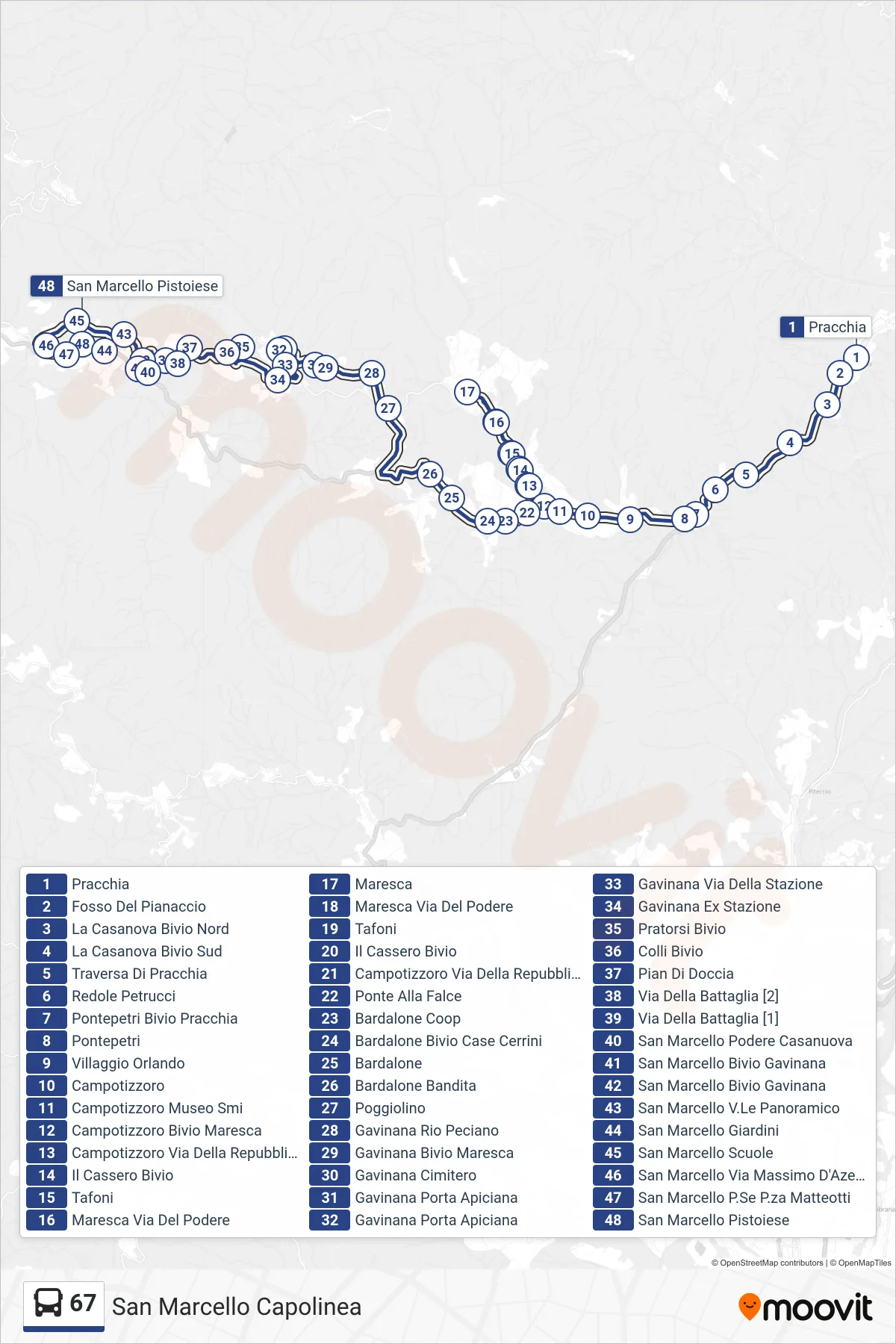 Linea 67 bus (San Marcello Capolinea) - Percorsi e fermate sulla mappa