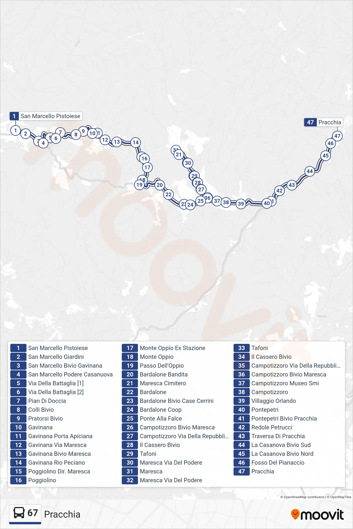 Linea 67 bus (Pracchia) - Percorsi e fermate sulla mappa