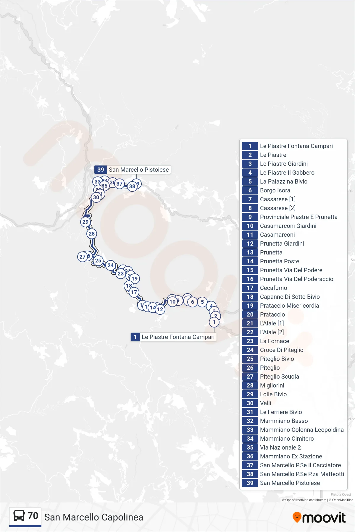 Linea 70 bus (San Marcello Capolinea) - Percorsi e fermate sulla mappa
