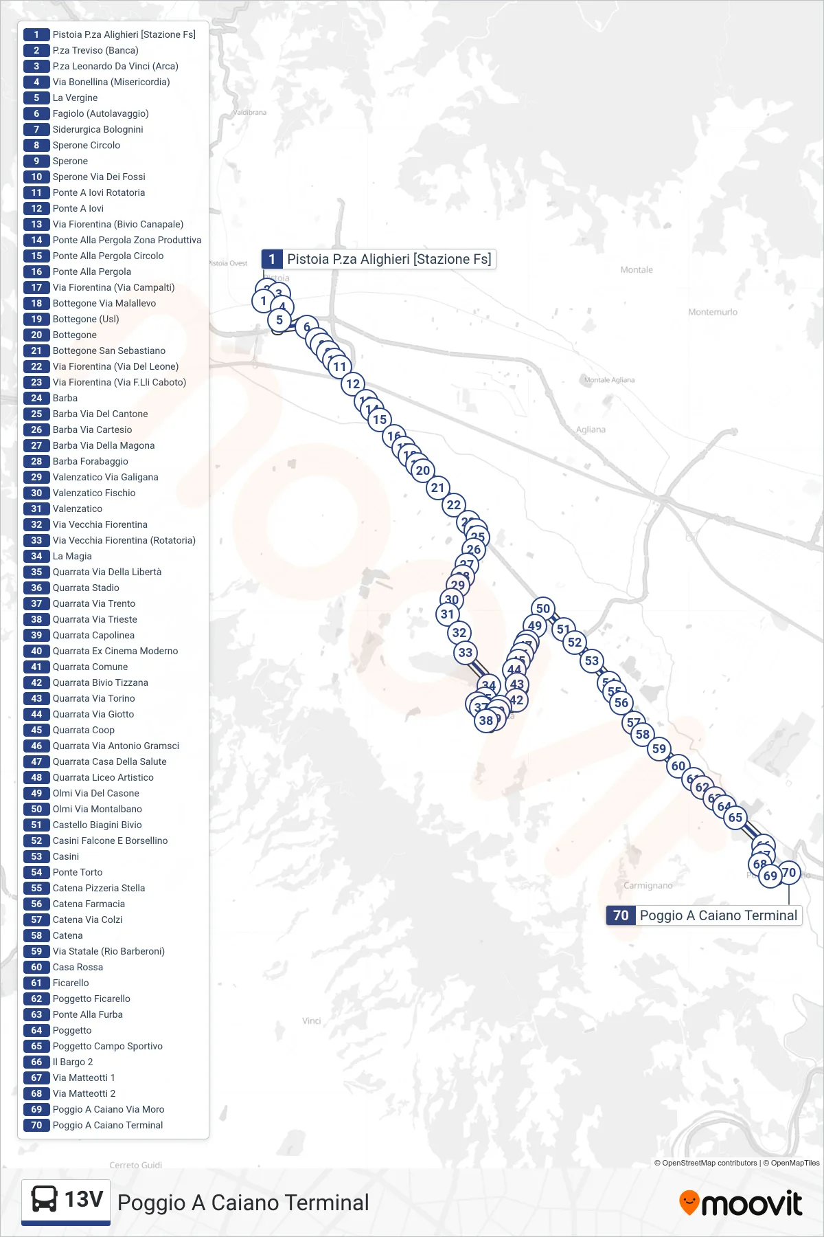 Linea 13V  bus (Poggio A Caiano Terminal) - Percorsi e fermate sulla mappa