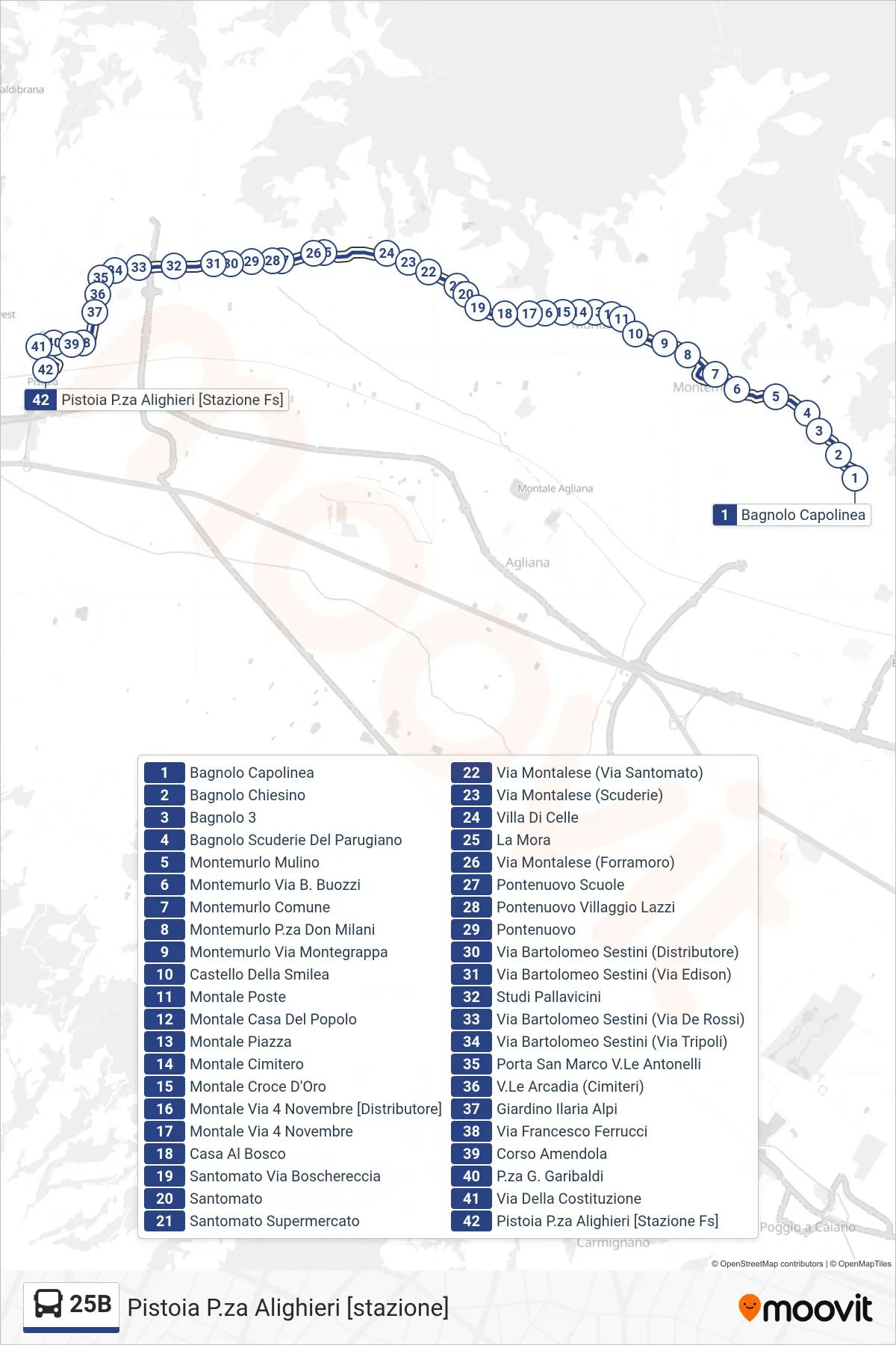 Linea 25B  bus (Pistoia P.za Alighieri [stazione]) - Percorsi e fermate sulla mappa