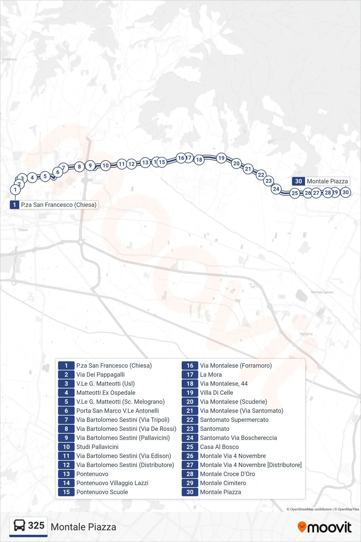 Linea 325 bus (Montale Piazza) - Percorsi e fermate sulla mappa