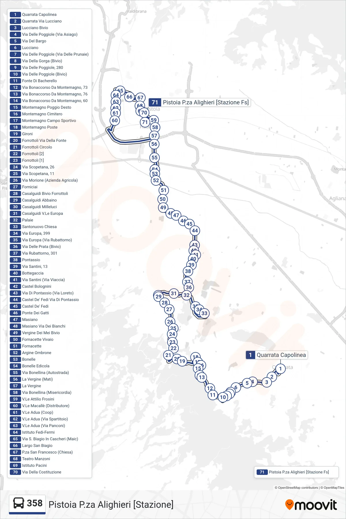 Linea 358  bus (Pistoia P.za Alighieri [Stazione]) - Percorsi e fermate sulla mappa