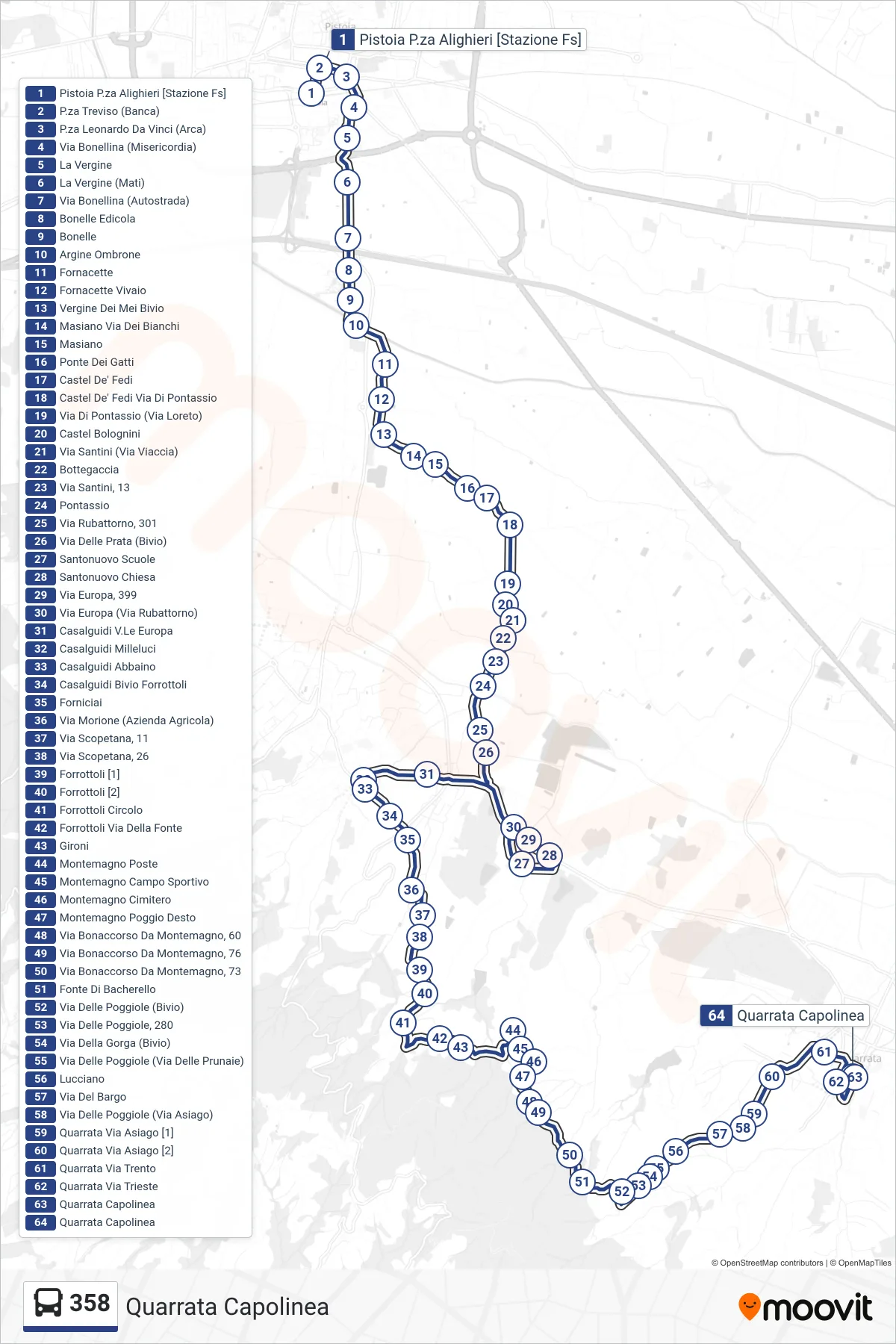 Linea 358  bus (Quarrata Capolinea) - Percorsi e fermate sulla mappa