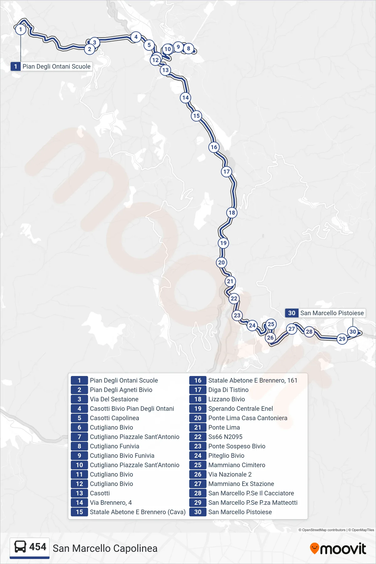 Linea 454  bus (San Marcello Capolinea) - Percorsi e fermate sulla mappa