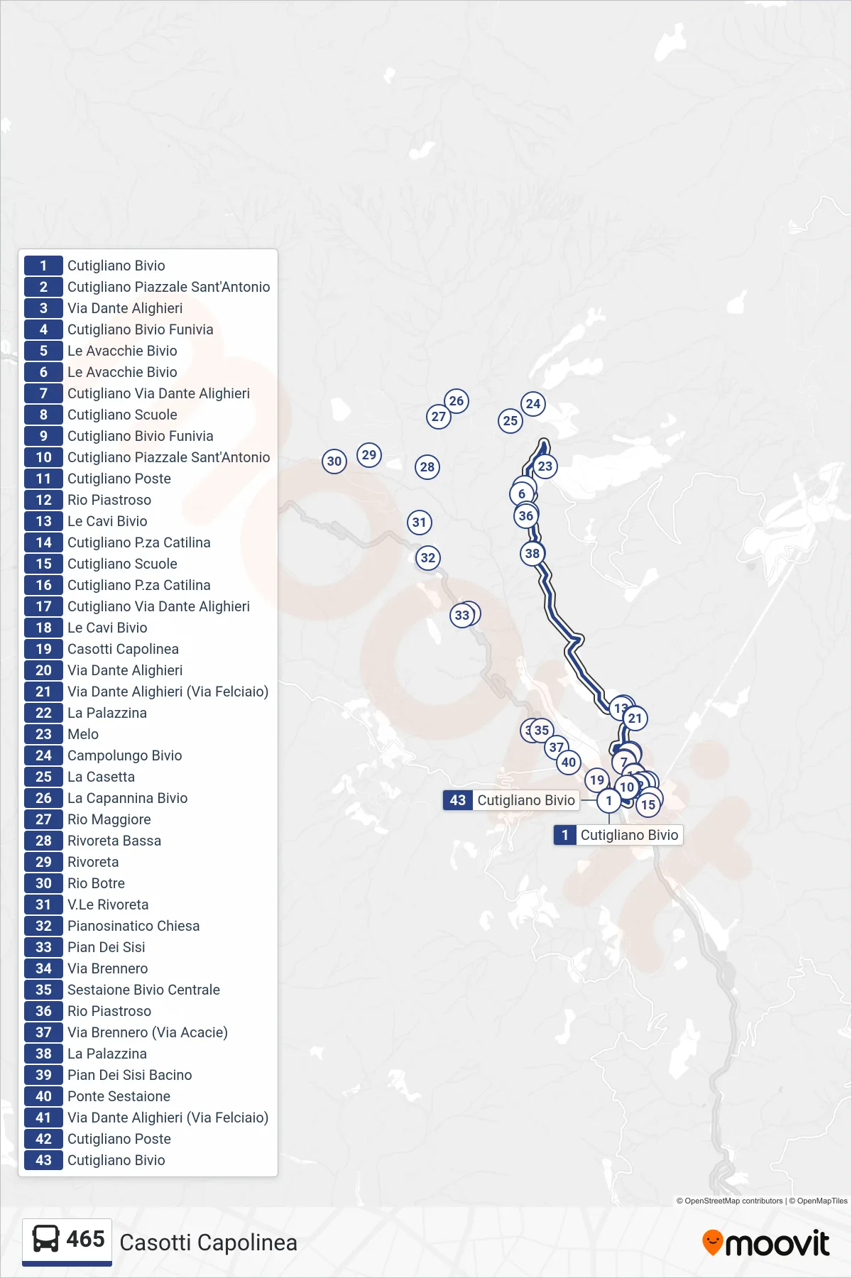 Linea 465 bus (Casotti Capolinea) - Percorsi e fermate sulla mappa