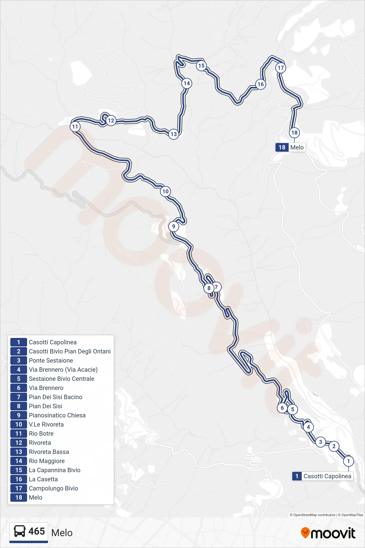 Linea 465  bus (Melo) - Percorsi e fermate sulla mappa