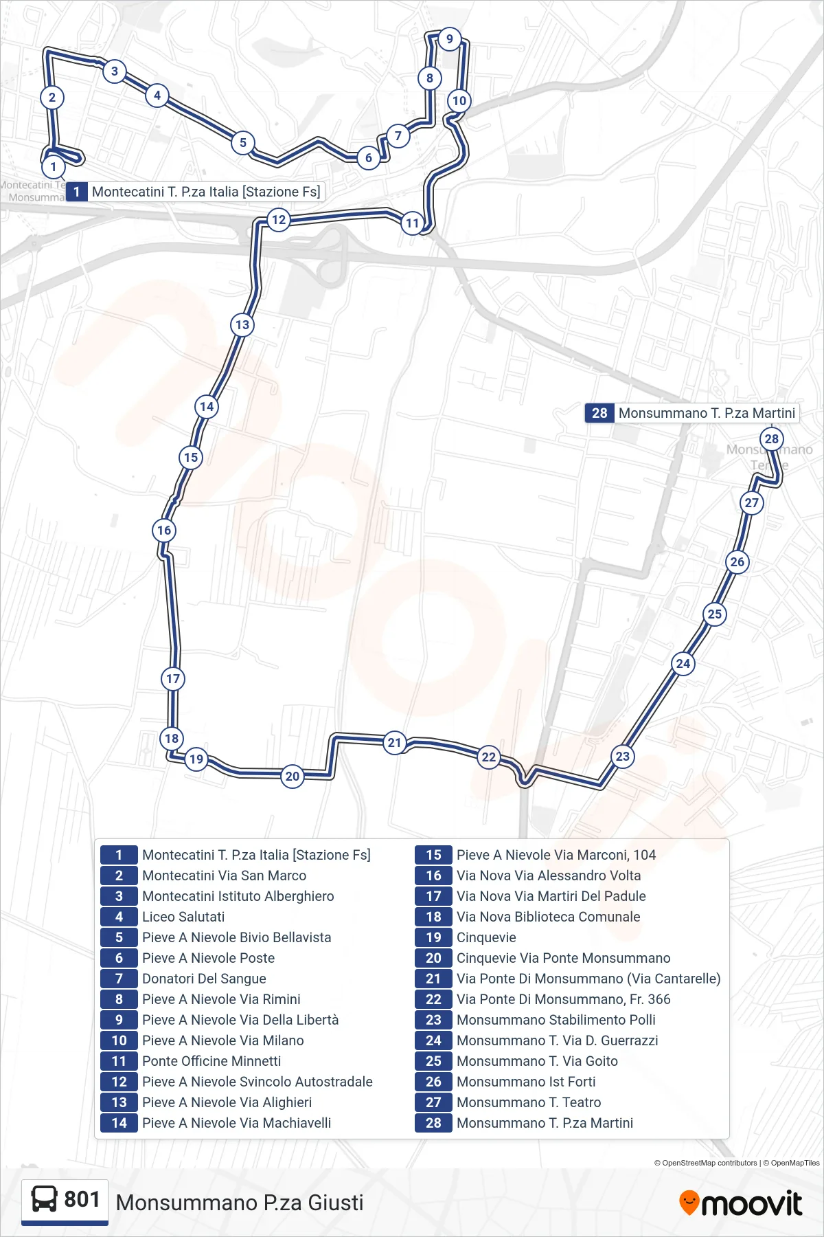 Linea 801 bus (Monsummano P.za Giusti) - Percorsi e fermate sulla mappa