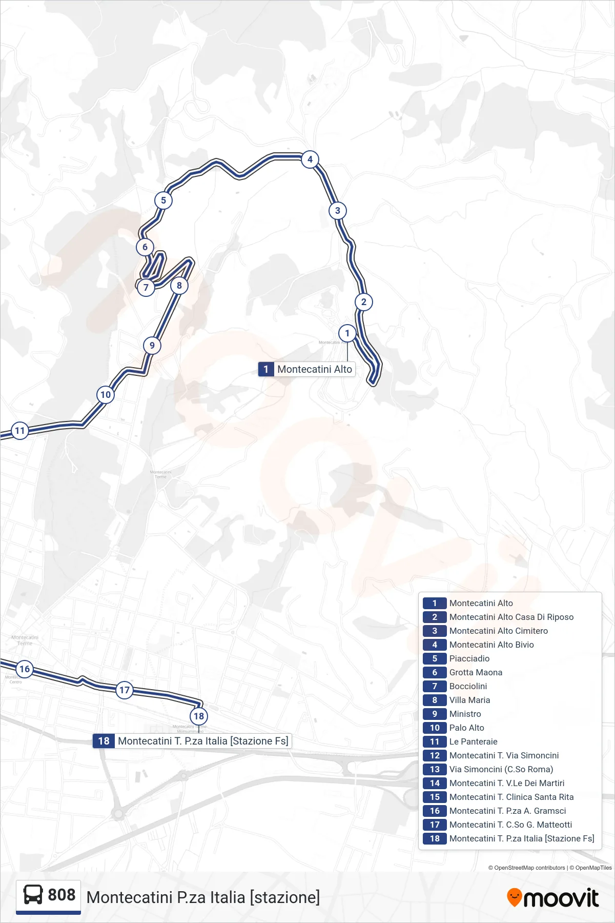 Linea 808  bus (Montecatini P.za Italia [stazione]) - Percorsi e fermate sulla mappa