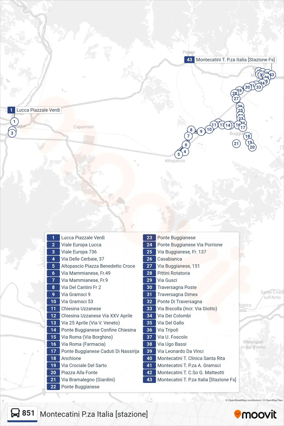 Linea 851  bus (Montecatini P.za Italia [stazione]) - Percorsi e fermate sulla mappa