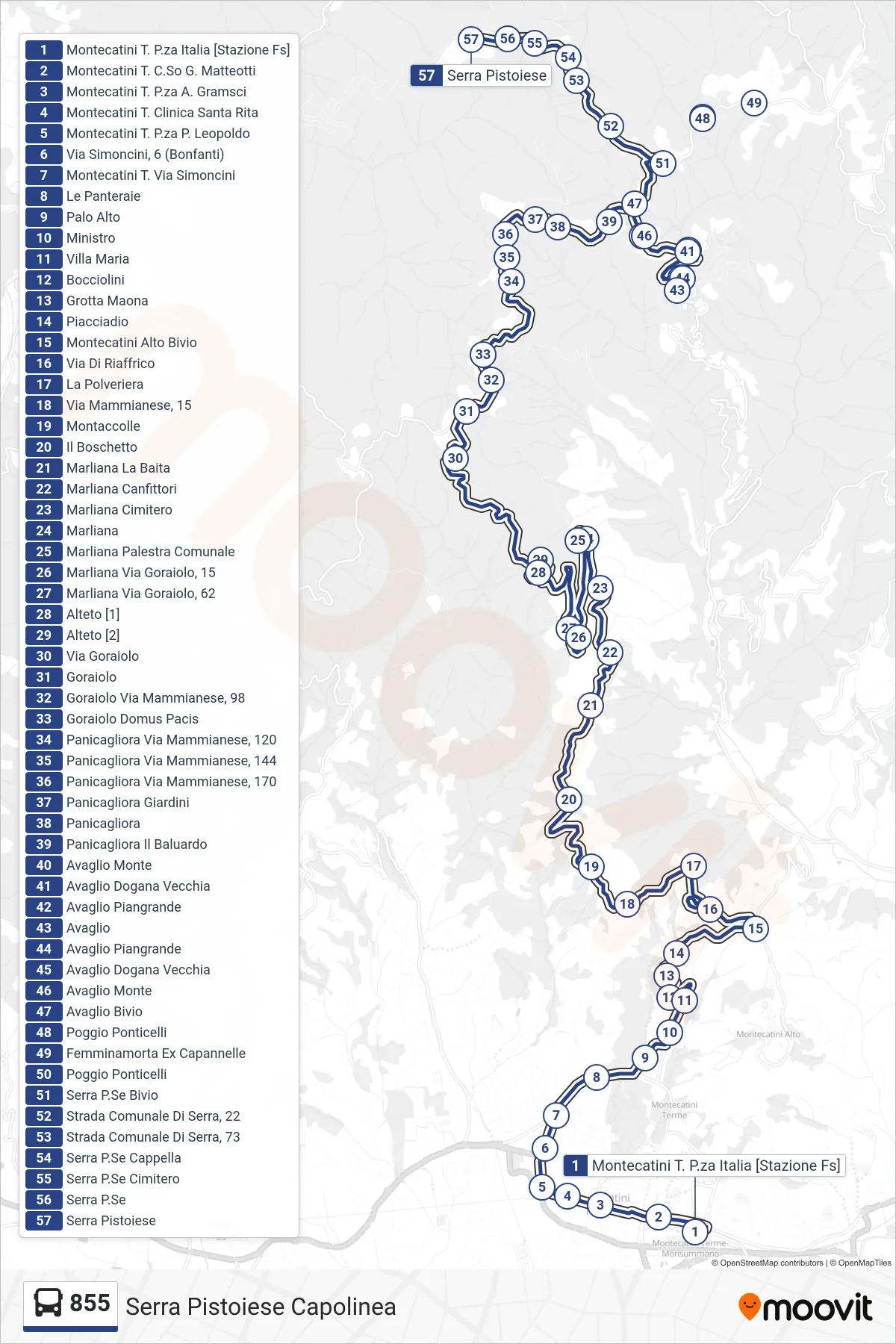 Linea 855 bus (Serra Pistoiese Capolinea) - Percorsi e fermate sulla mappa