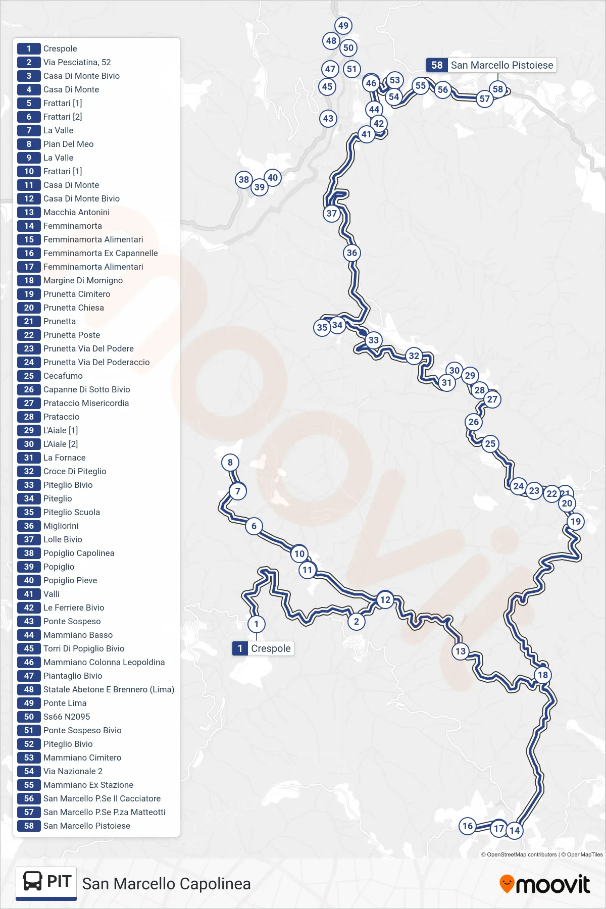 Linea PIT bus (San Marcello Capolinea) - Percorsi e fermate sulla mappa