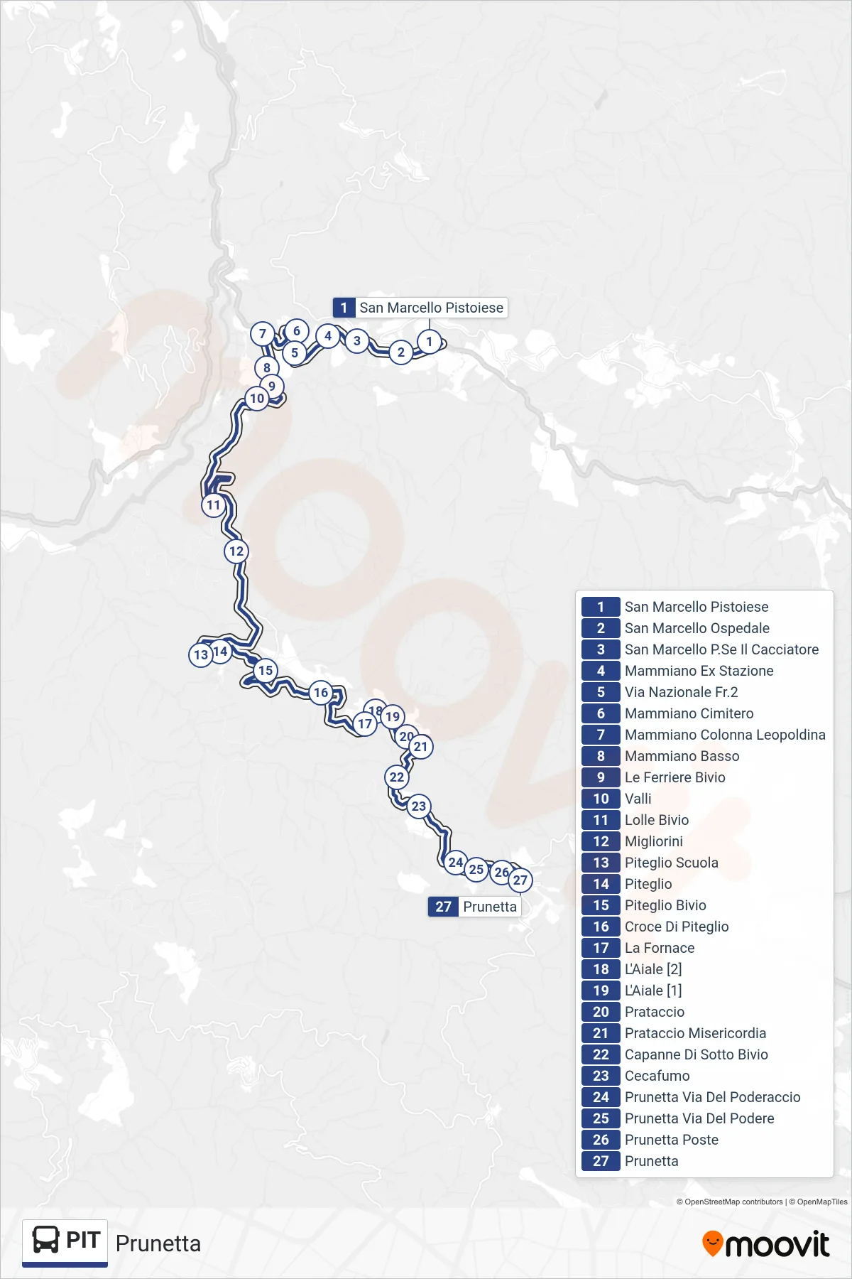 Linea PIT bus (Prunetta) - Percorsi e fermate sulla mappa