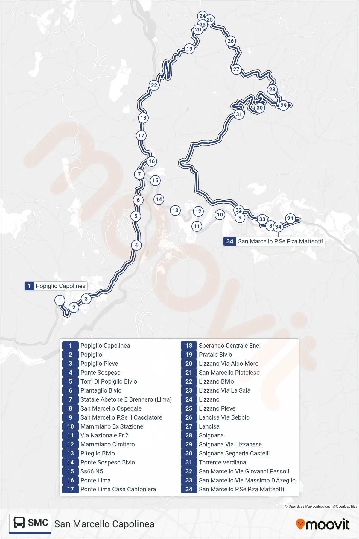 Linea SMC bus (San Marcello Capolinea) - Percorsi e fermate sulla mappa