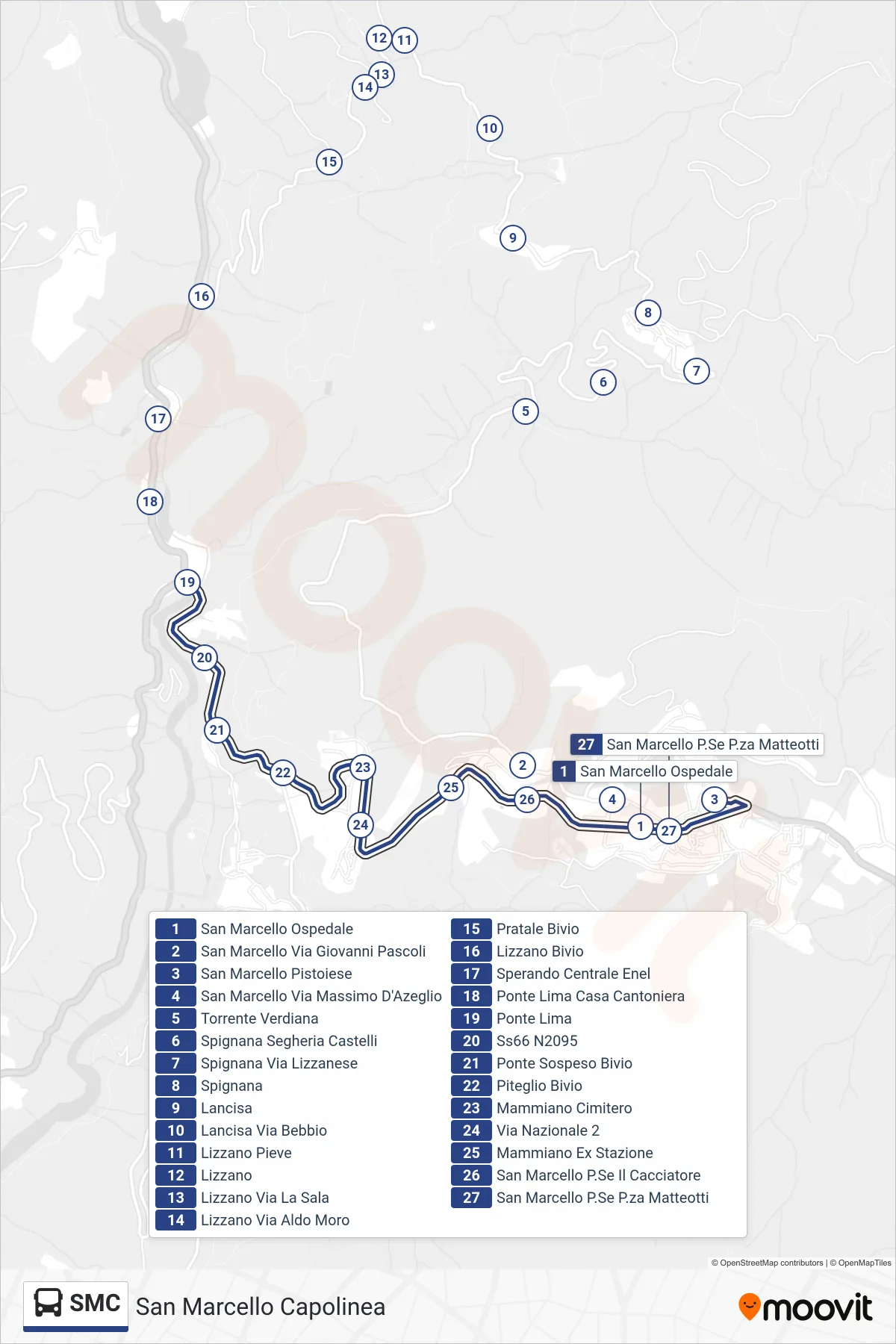 Linea SMC bus (San Marcello Capolinea) - Percorsi e fermate sulla mappa