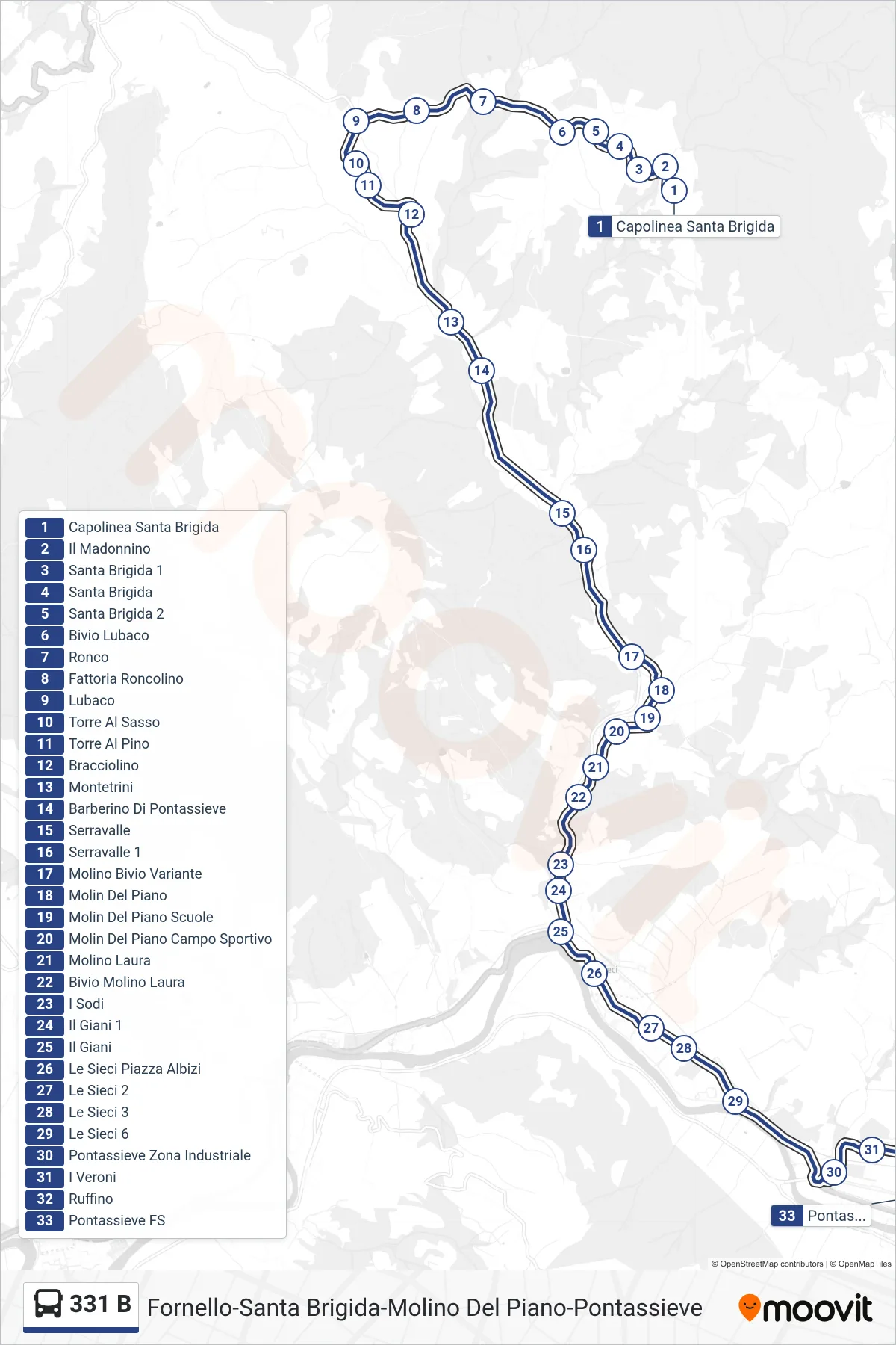 Linea 331 B bus (Pontassieve Ss67) - Percorsi e fermate sulla mappa