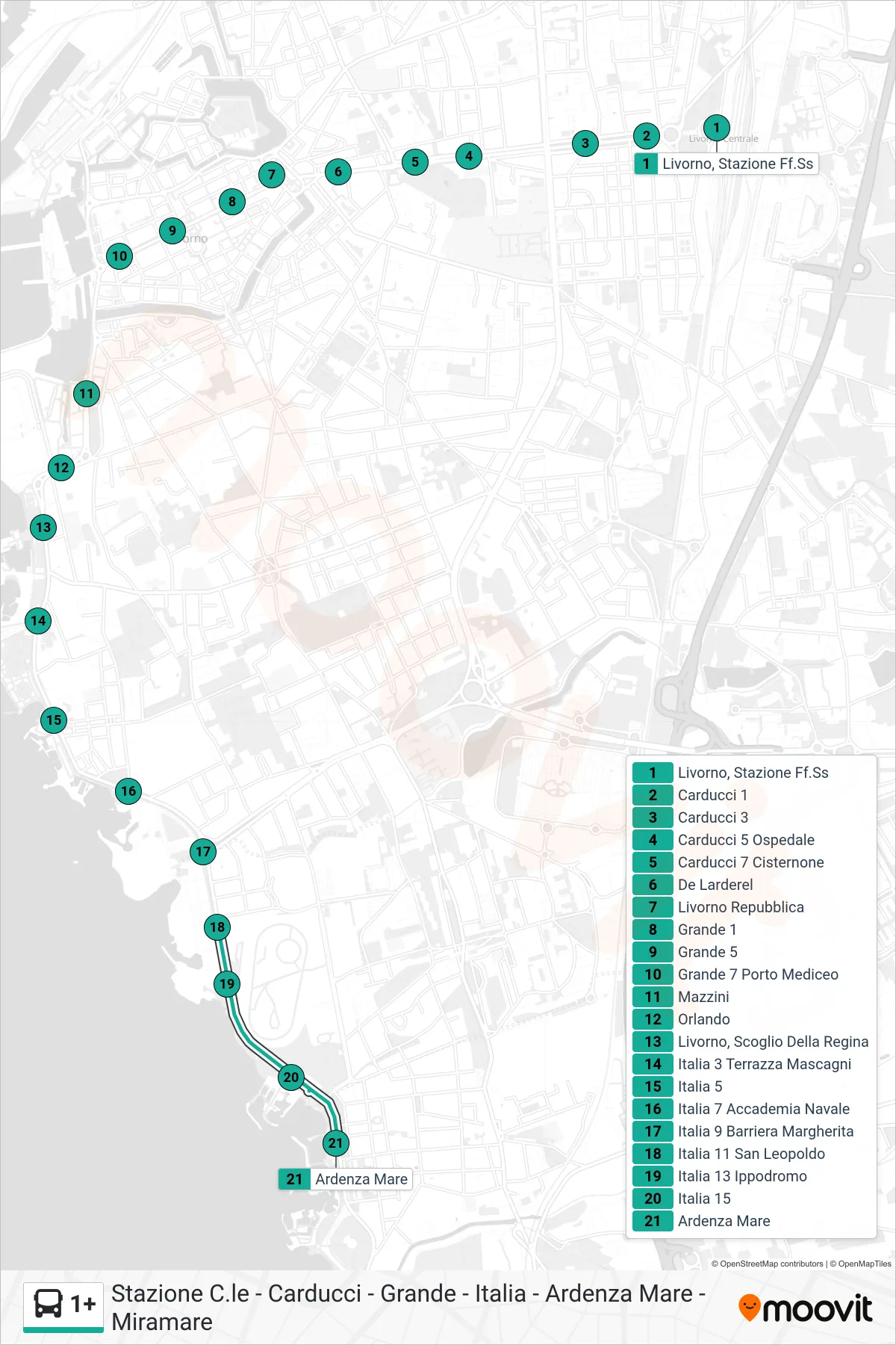 Linea 1+ bus (Ardenza Mare) - Percorsi e fermate sulla mappa